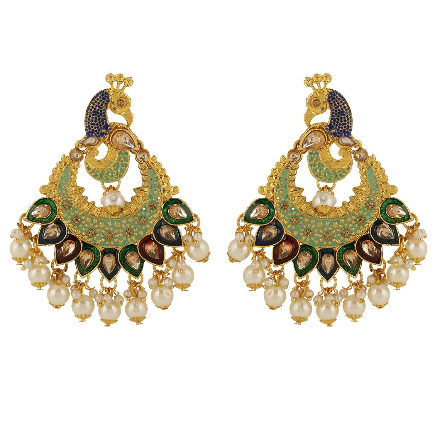 Exquisite Indian Chandbali Peacock Earrings for Women – Crystal Rhinestone & Faux Pearl Dangle Bridal Jewelry Set – Perfect for Weddings, Bollywood Parties, and Special Occasions