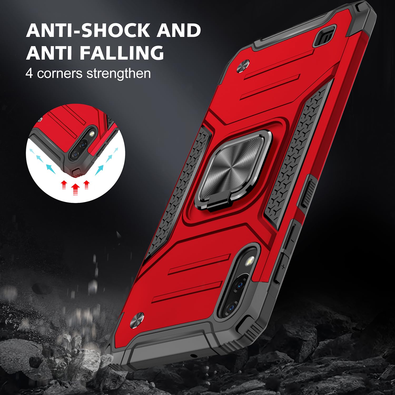 Military Grade Shockproof Case for Samsung Galaxy A10 & M10 with Built-in Kickstand - Heavy Duty Protective Cover with Holster Armor (Red) - Perfect for Outdoor Activities, Work & Travel