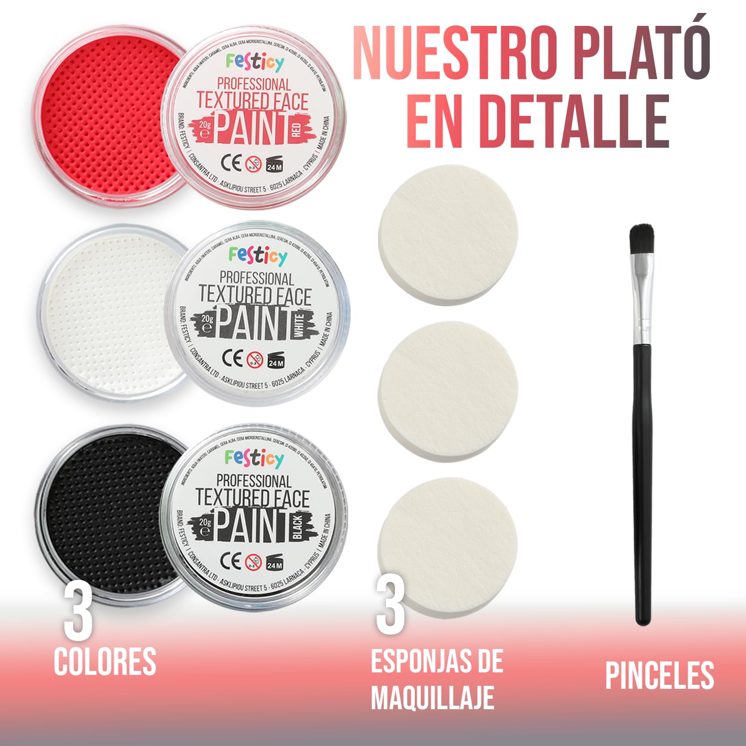 Festicy Professional Face Paint Kit - 3 Colors (Black, Red, White) for Halloween & Carnival Makeup