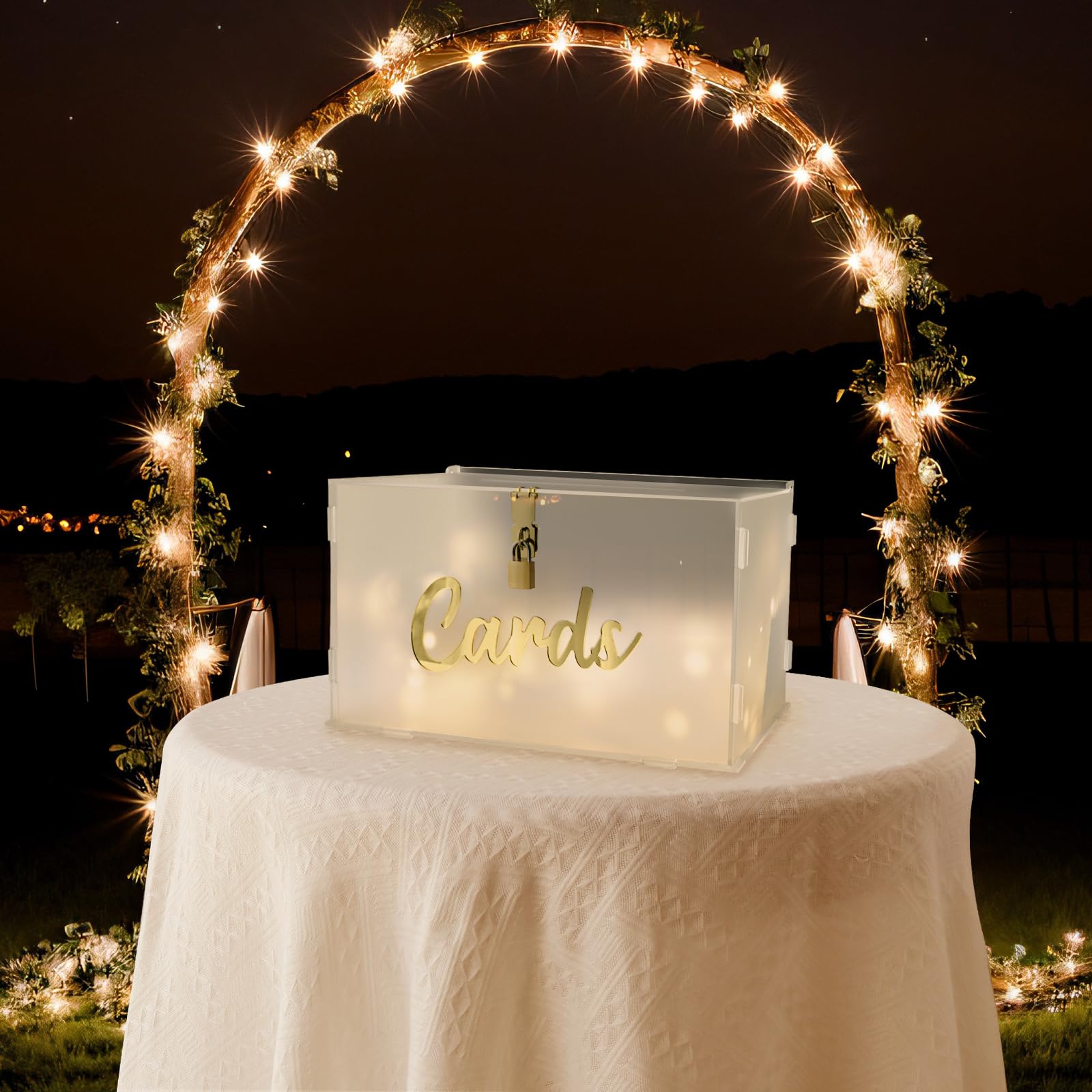 Frosted Acrylic Wedding Card Box with Lock - Large Gift Card Holder for Wedding Reception, Graduation, Baby Shower & Birthday Parties - Money Envelope Box with Slot & String Lights - Elegant Event Decorations for Special Occasions