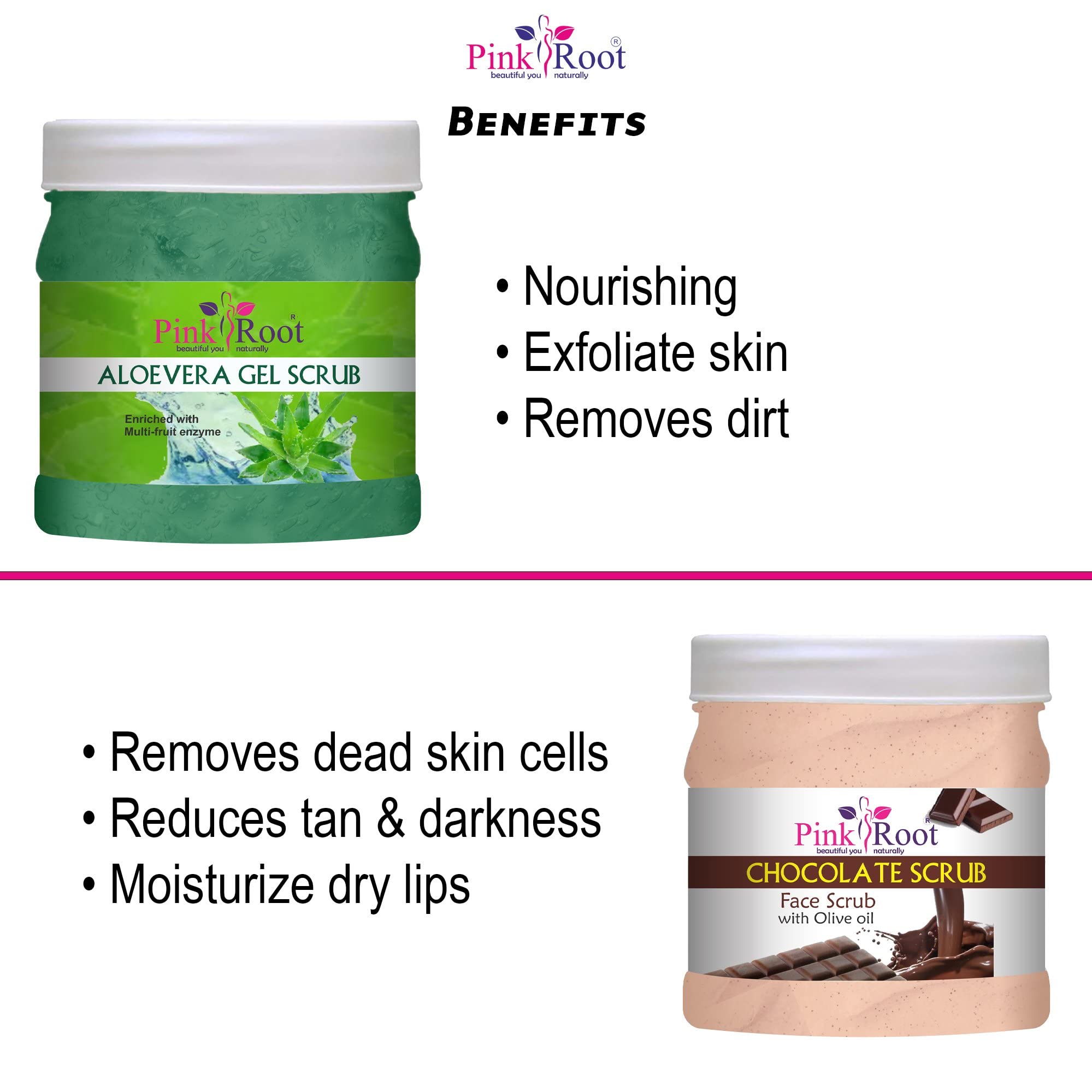 Pink Root Aloe Vera Gel Scrub & Chocolate Scrub - 500gm Each | Natural Exfoliating Face & Body Scrub for Glowing Skin | Perfect for Spa Day & At-Home Skincare Routine