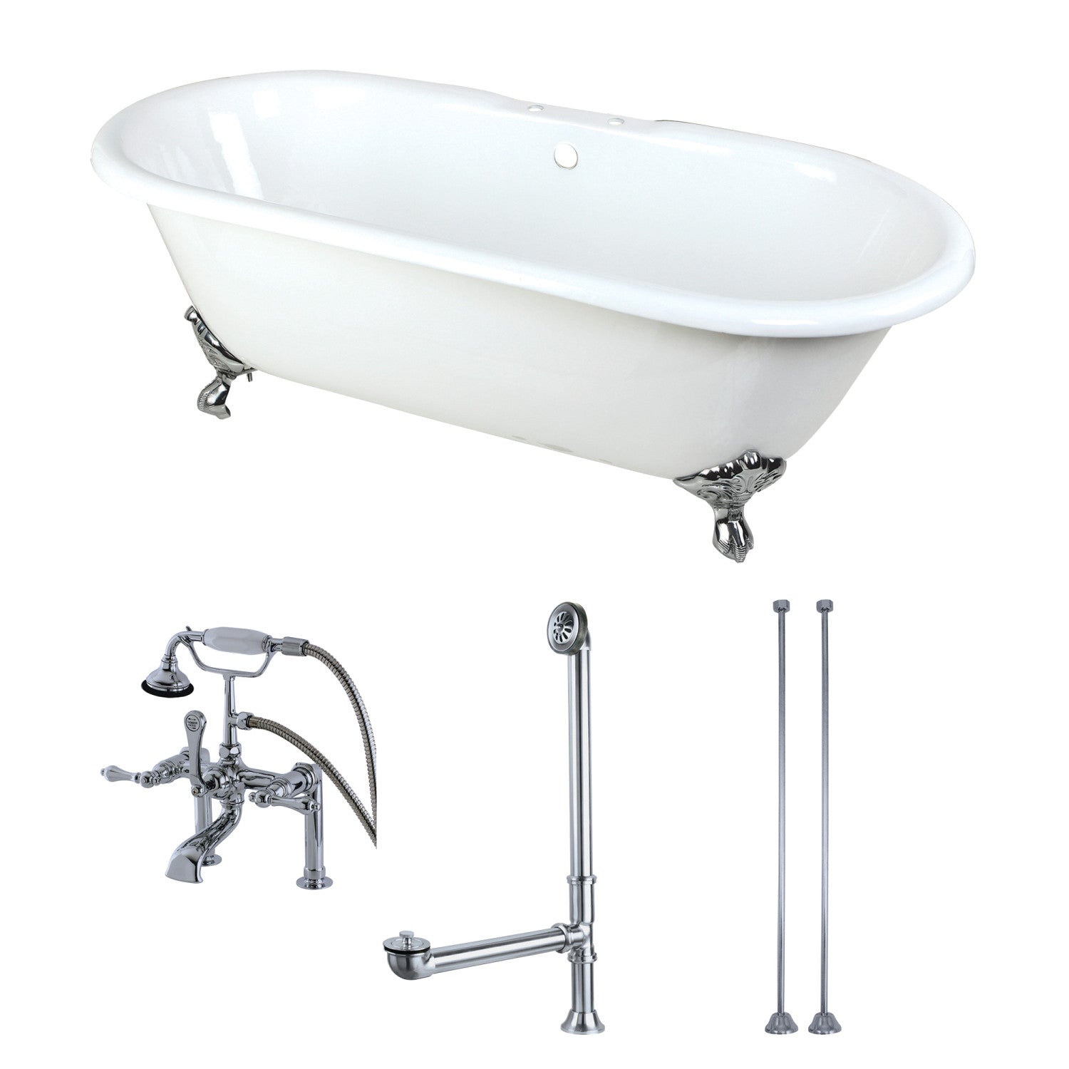 Aqua Eden 66 Inch White Cast Iron Clawfoot Bathtub with Chrome Faucet - Oval Double-Ended Freestanding Tub for Vintage & Modern Bathrooms - Perfect for Spa, Relaxation, and Luxury Home Decor