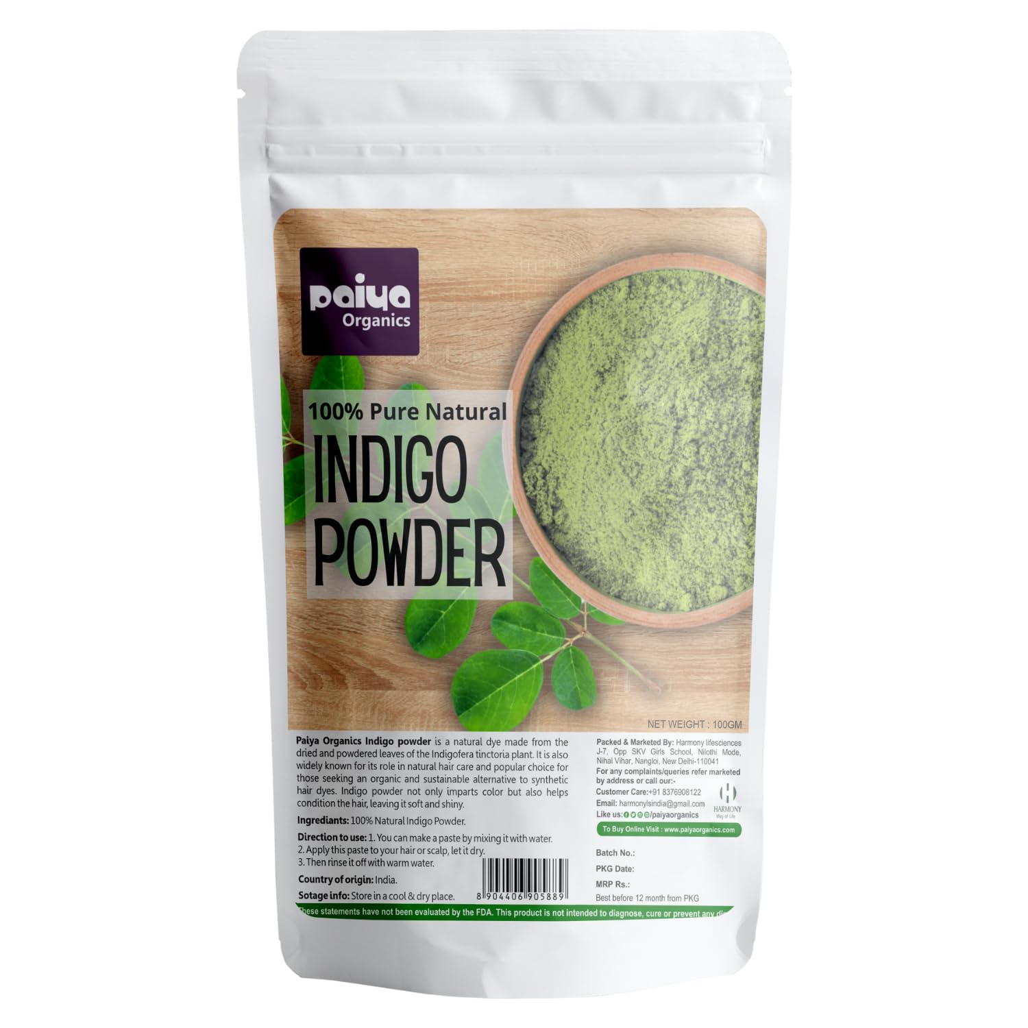 Organic Indigo Powder for Natural Black Hair Dye - 100g | Paiya Organics | Chemical-Free Herbal Hair Coloring for Gray Coverage & Healthy Hair | Perfect for DIY Hair Care & Natural Beauty Routines