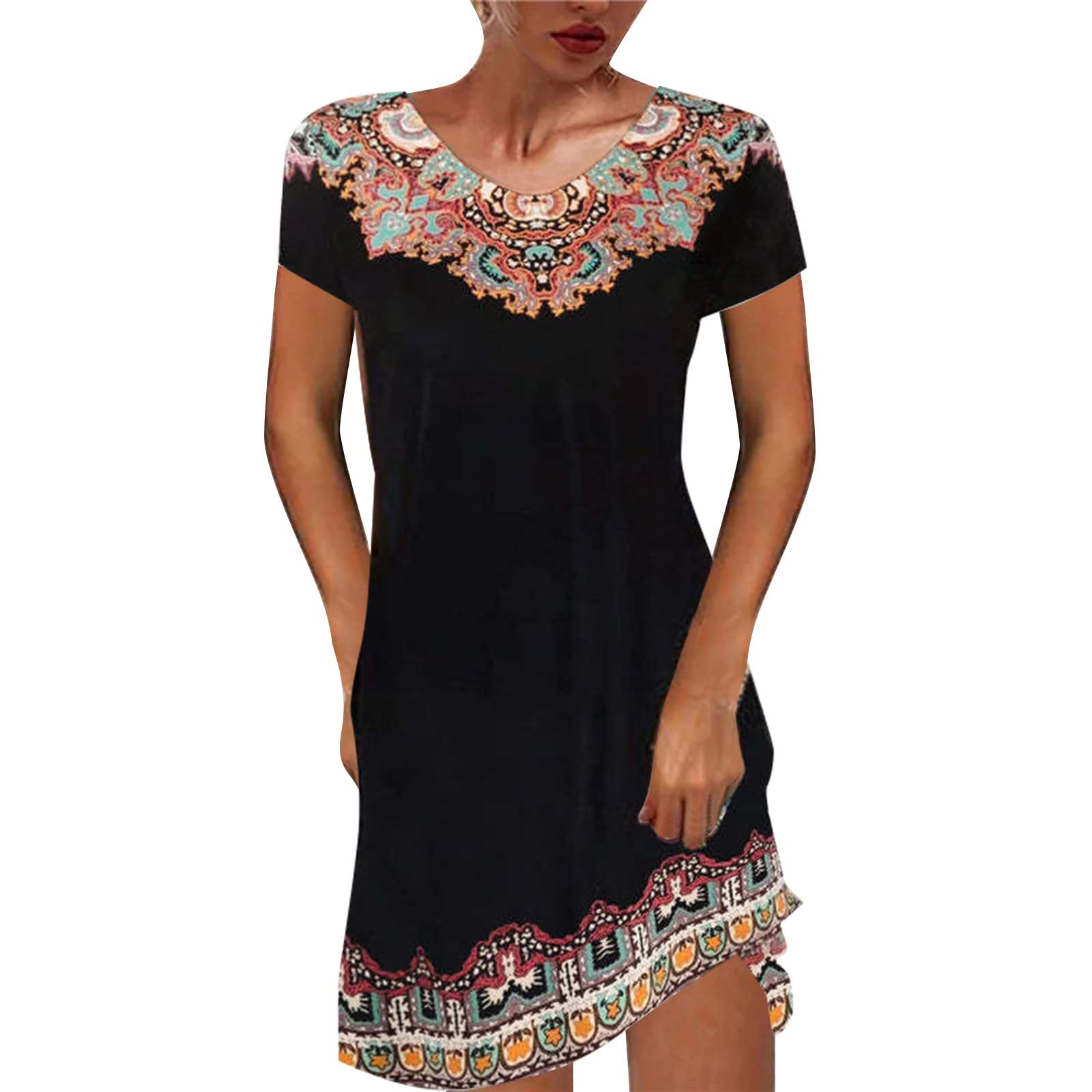LLUO Women's Floral V-Neck Short Sleeve Summer Dress - Lightweight Casual Sundress with Ethnic Print | Perfect for Beach Vacations, Picnics & Summer Outings