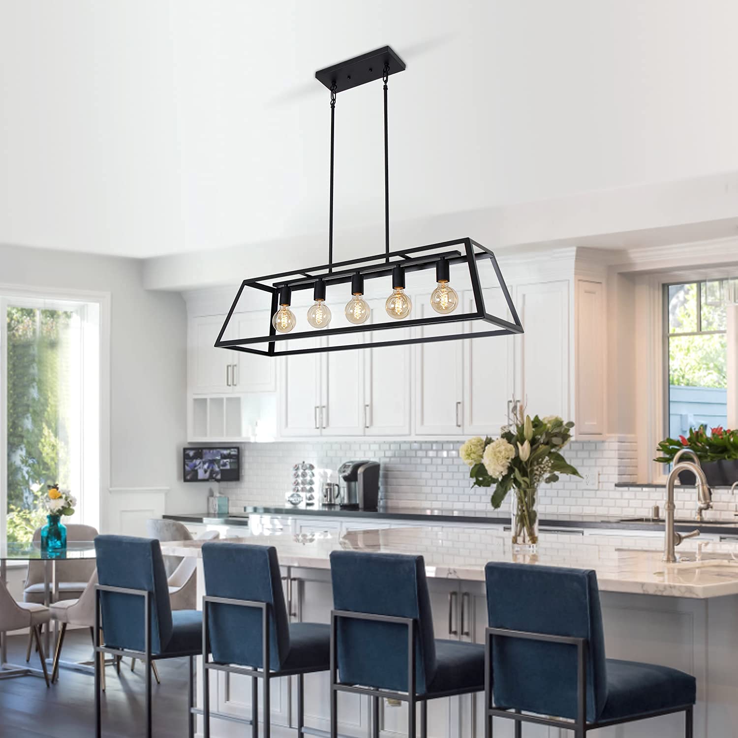 Modern Farmhouse Linear Pendant Light - 5-Light Black Industrial Rectangular Chandelier (38-Inch) for Kitchen Island, Dining Room, Living Room & Foyer - Perfect for Rustic Home Decor & Bar Lighting