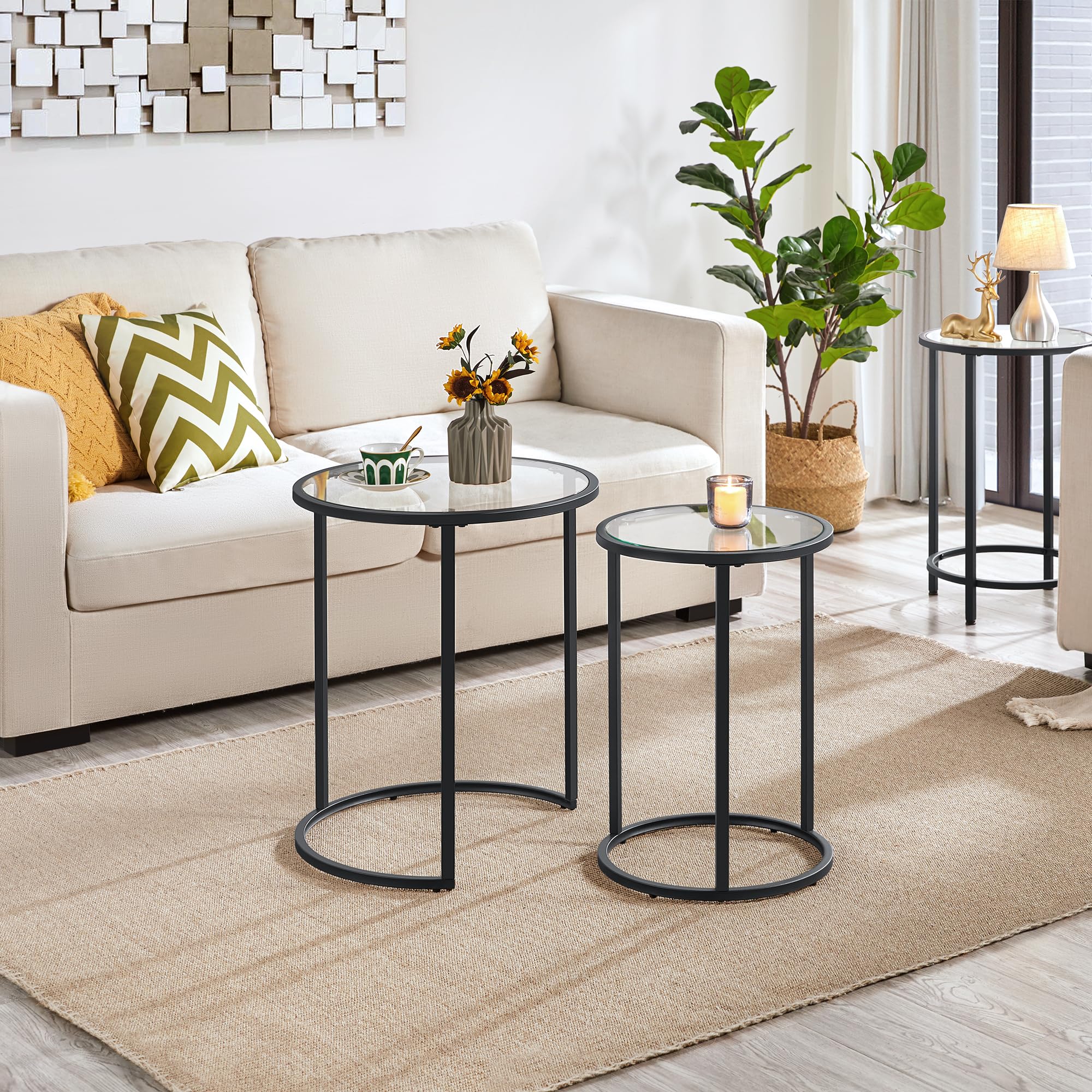 Yaheetech 2-Piece Round Nesting End Table Set - Stackable Side Tables with Metal Frame & Tempered Glass Top - Space-Saving Coffee Tables for Living Room, Office, Bedroom - Black (Perfect for Small Spaces & Modern Home Decor)