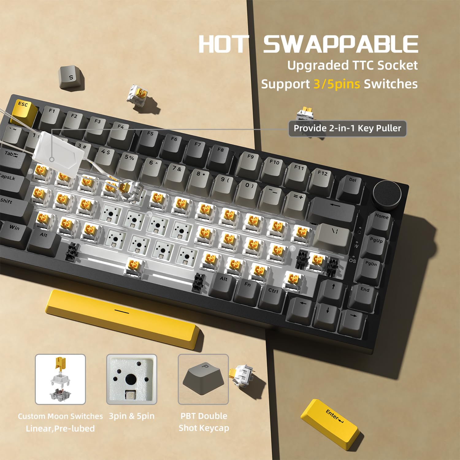 AJAZZ AK820 75% ANSI Layout Mechanical Gaming Keyboard with Knob - 82 Keys, Hot-Swap, RGB Backlit, 5 Sound-Dampening Foams, Linear Switch - Wired USB Keyboard for PC & Mac (Gray) - Perfect for Gaming, Office Work & Typing