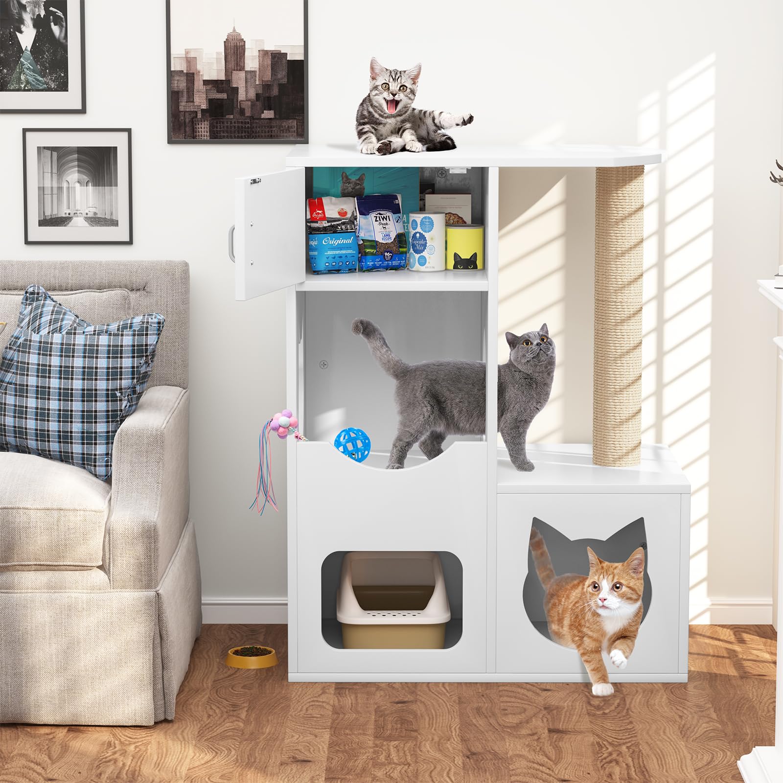 White Wooden Cat House with Scratching Post - Indoor Cat Furniture for Play & Rest