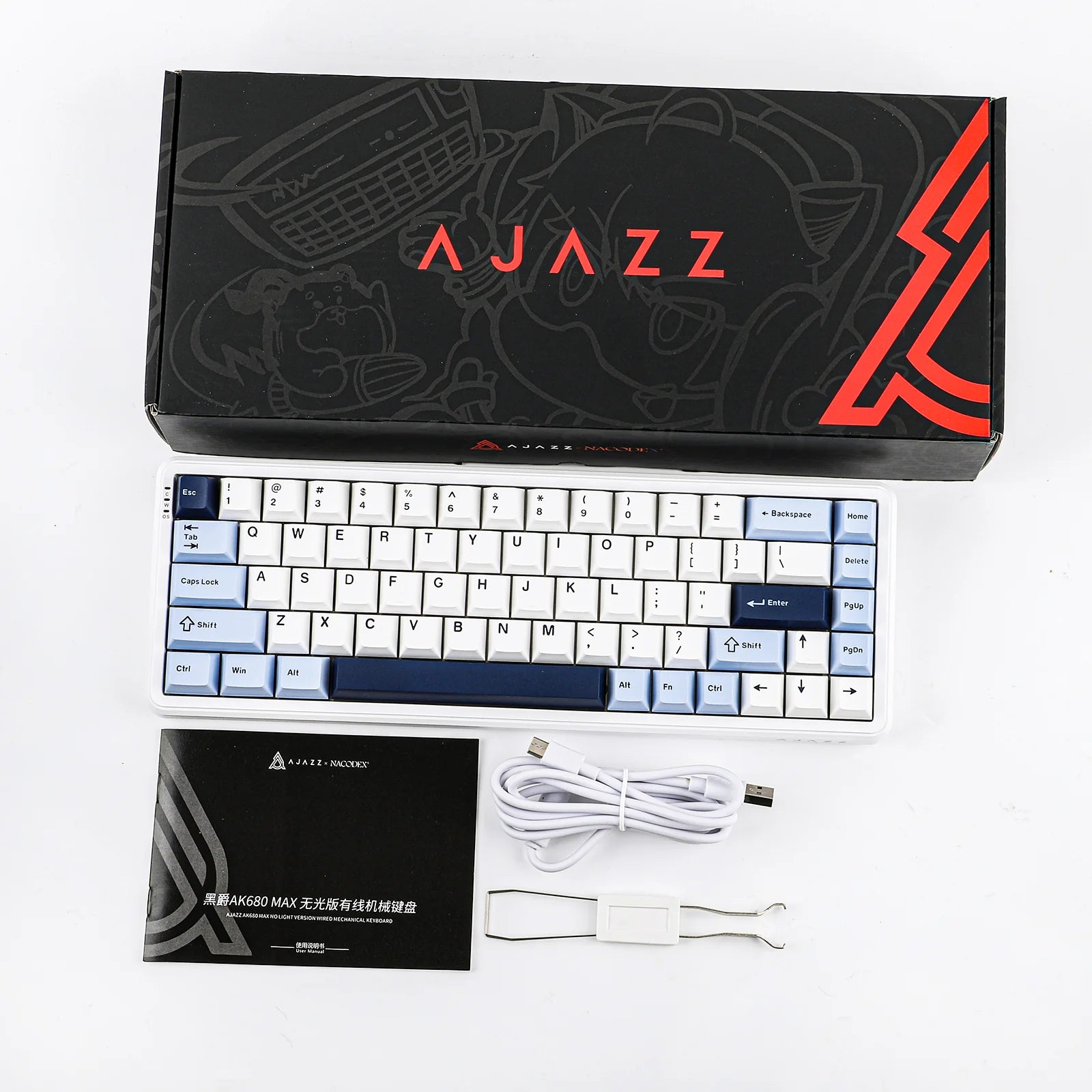 Ajazz AK680 Max Blue White Mechanical Keyboard - RGB Backlit, Wired Gaming Keyboard with Magnetic Switches - Perfect for Gaming, Typing & Office Work