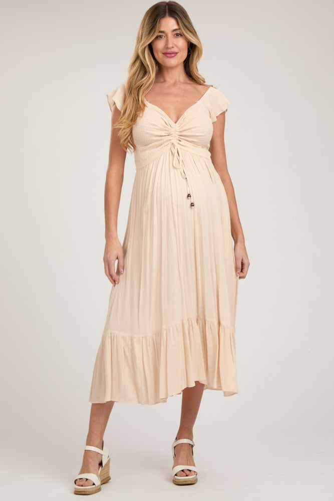 Beige Smocked Ruched Ruffle Hem Maternity Maxi Dress for Pregnancy - Comfortable Stretchy Flowy Long Dress for Baby Shower, Photoshoot & Special Occasions