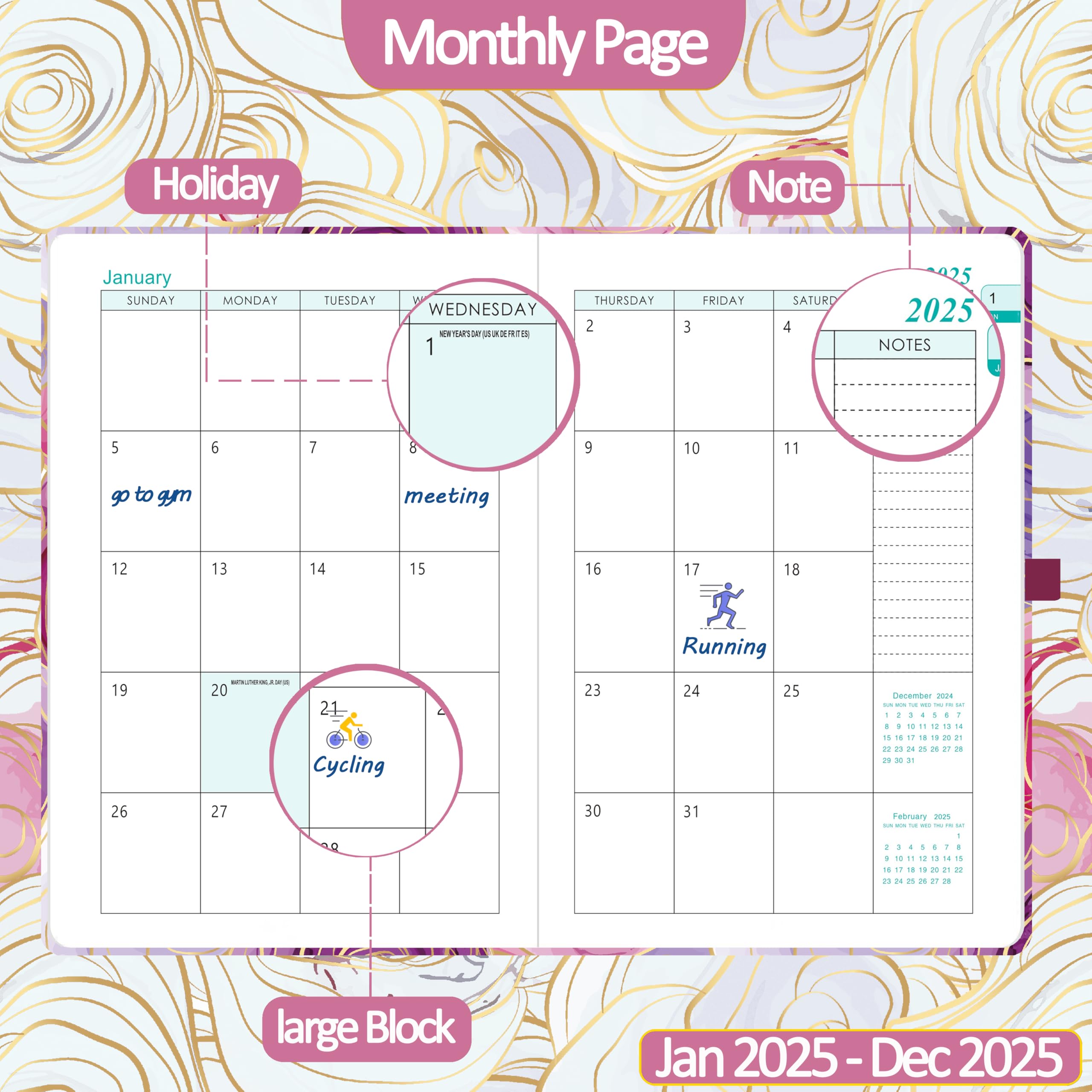 2025 A5 Daily Planner - Jan to Dec Full Year Diary with Monthly View, Hard Cover, Pen Set & Bookmarks | Premium Pink Organizer for Work, School & Personal Planning | 5.9