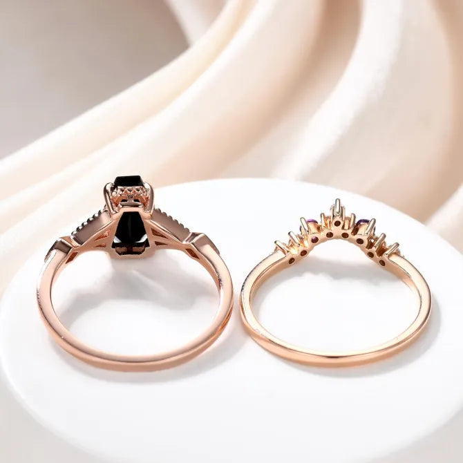 Vintage Coffin Cut Black Onyx & Amethyst Ring Set - Unique 9x6mm Gothic Jewelry for Women - Perfect for Halloween, Dark Aesthetic & Alternative Fashion Lovers