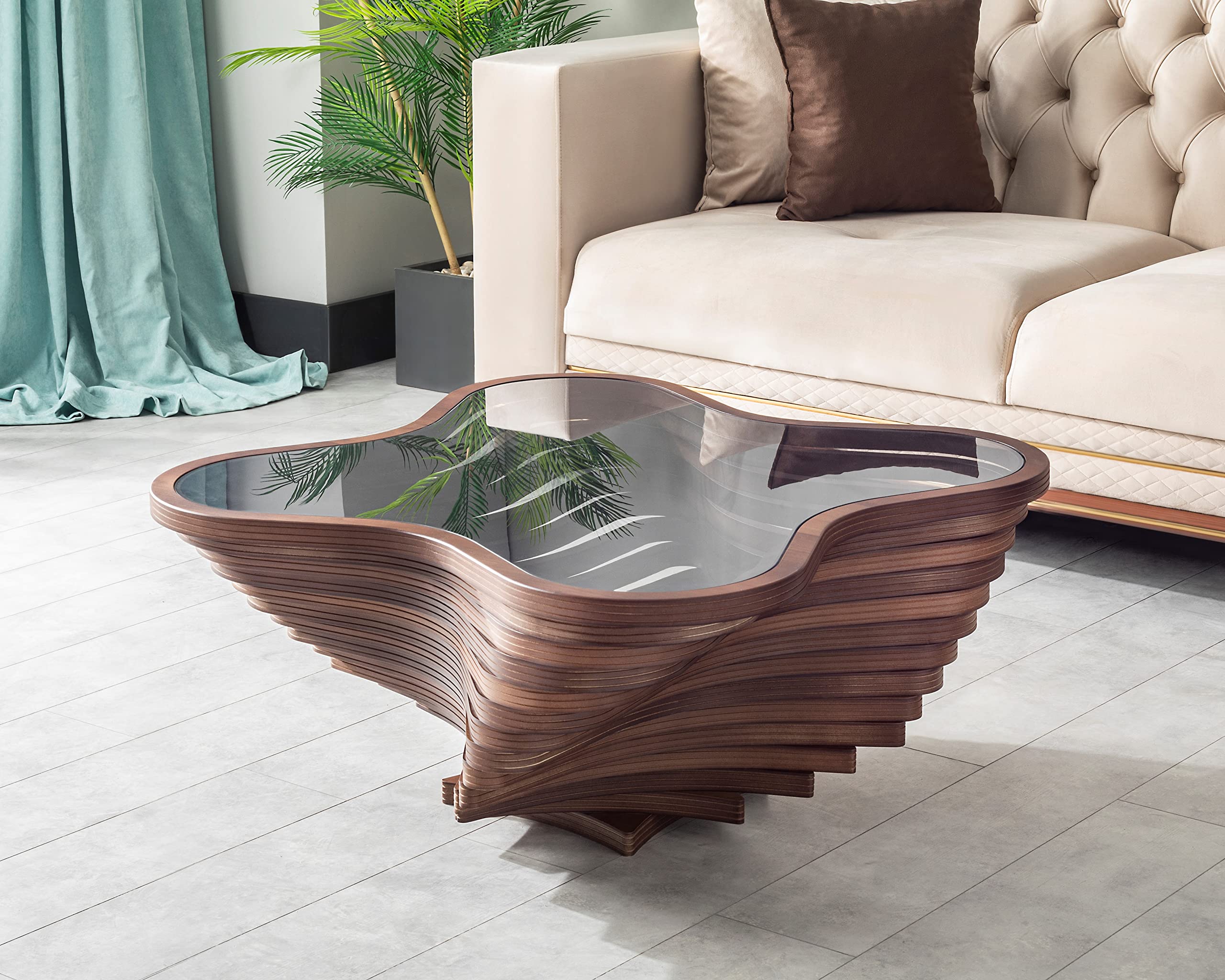 Modern Coffee Table with Natural Walnut Veneer & Tempered Glass Top - Layered Wave Design Rustic Wood Living Room Table - Luxury Home & Office Decor - Perfect for Contemporary Living Rooms, Offices and Lounge Areas