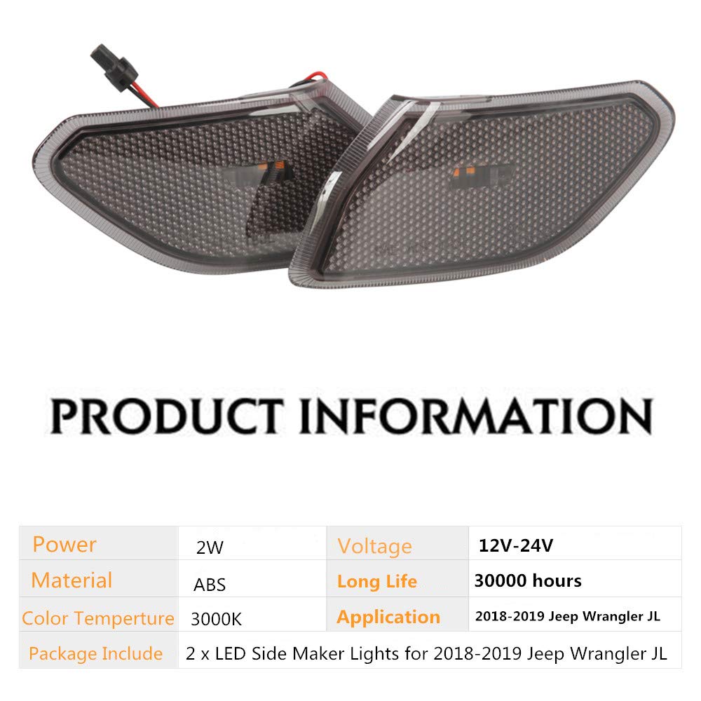Amber LED Side Marker Lights with Black Lens for 2018-2019 Jeep Wrangler JL (2-Pack) - Durable Front Fender Flares Lighting for Off-Road & Night Driving