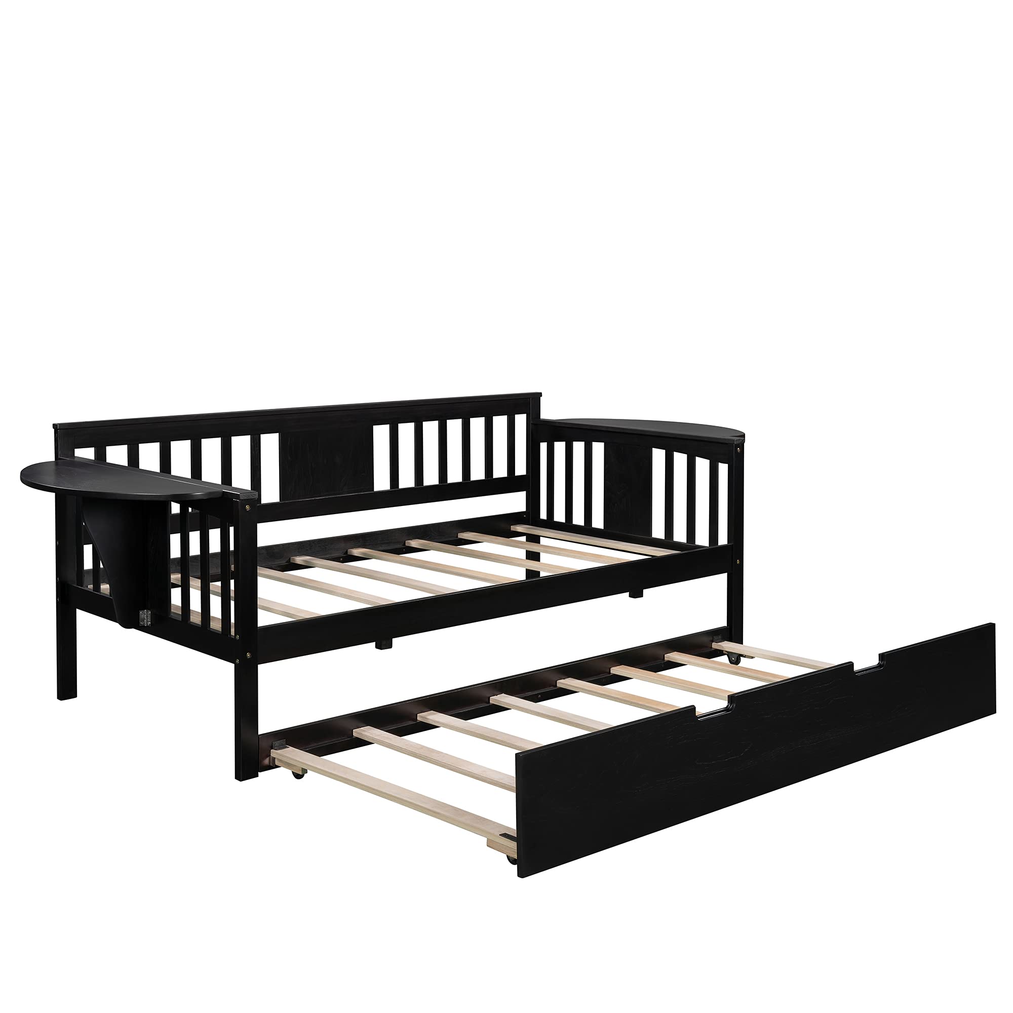 P PURLOVE Twin Daybed with Trundle - Solid Wood Daybed Frame with Built-in Folding Tables on Both Sides - No Box Spring Needed - Perfect for Small Spaces, Guest Rooms, Dorms & Living Rooms (Espresso Finish)