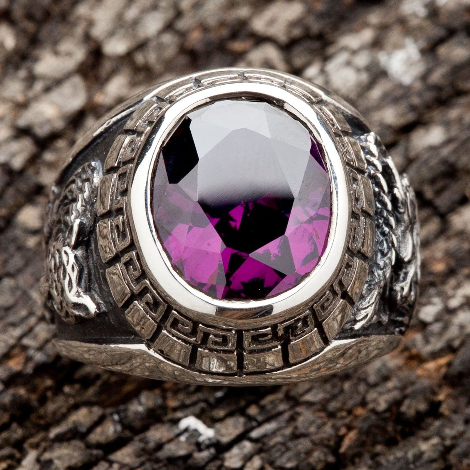 Purple Amethyst Japanese Tiger Dragon Men's Ring - Handcrafted Sterling Silver Statement Jewelry for Gifts, Fashion & Spiritual Protection