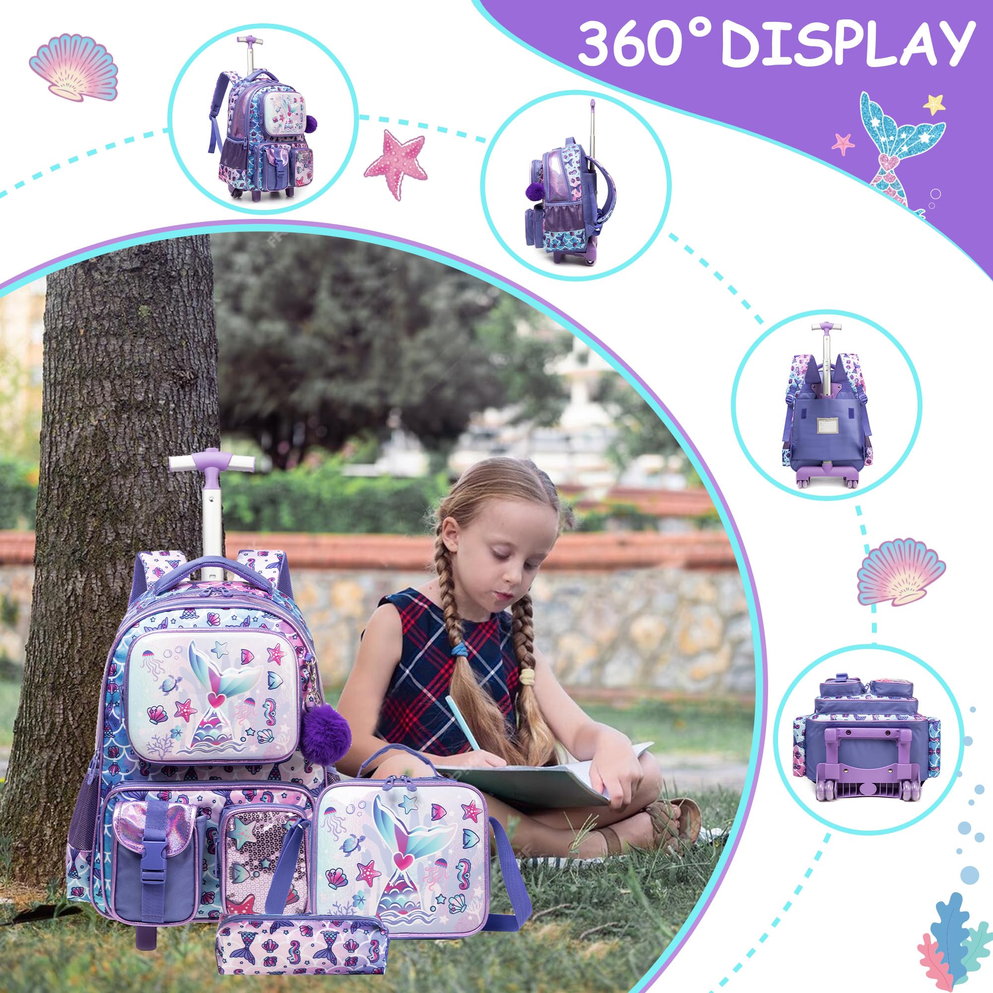 Meetbelify Mermaid Rolling Backpack for Girls - 3-in-1 Wheeled School Backpack with Lunch Box, Kids Travel Luggage Suitcase for Elementary Students Ages 8-10 | Perfect for School, Travel & Daily Use