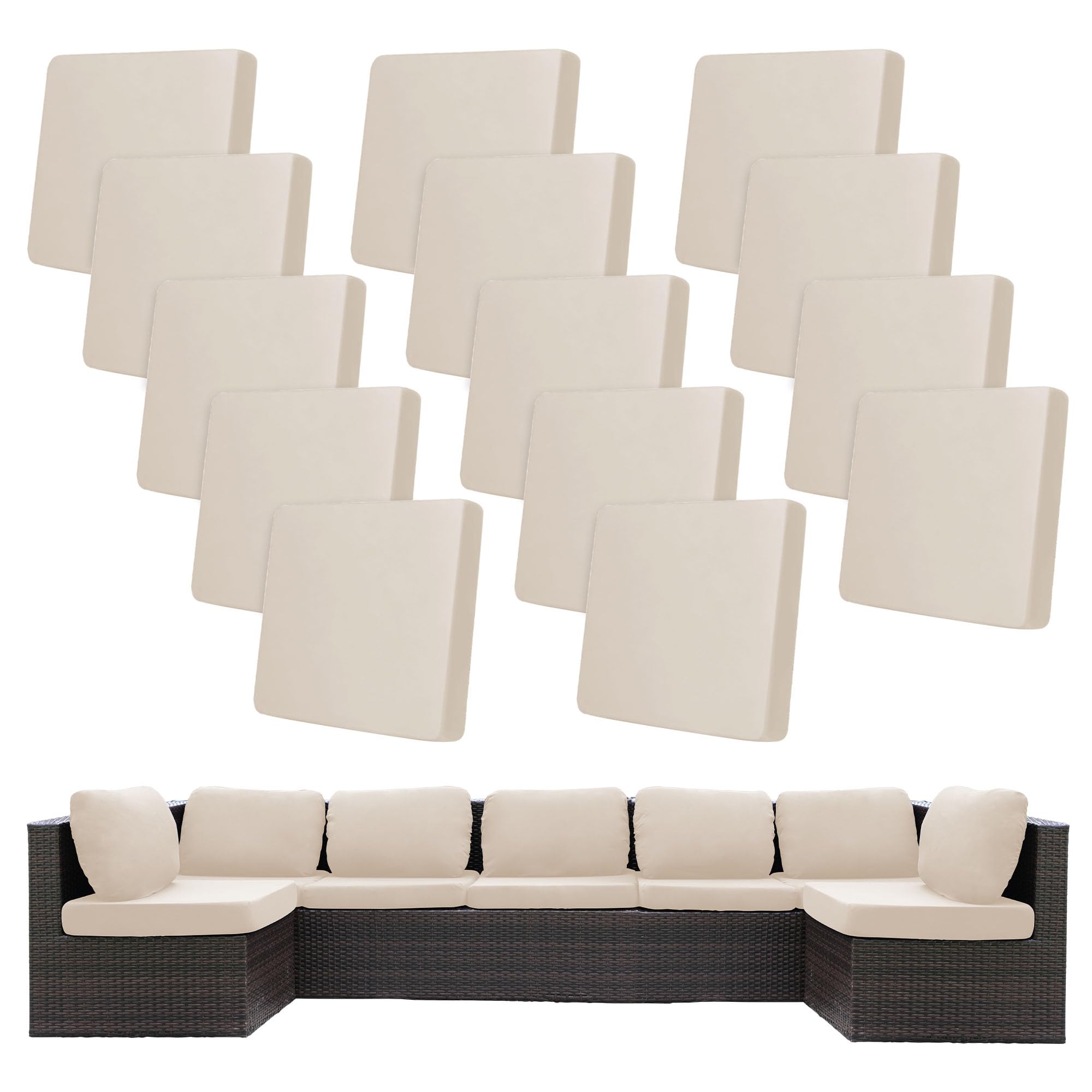 14-Piece Stretch Patio Cushion Covers - Waterproof Outdoor Furniture Slipcovers for Sofa, Couch & Chair Cushions Replacement - Washable Beige Fabric Covers (Covers Only) - Perfect for Backyard, Deck, Poolside & Patio Furniture Protection
