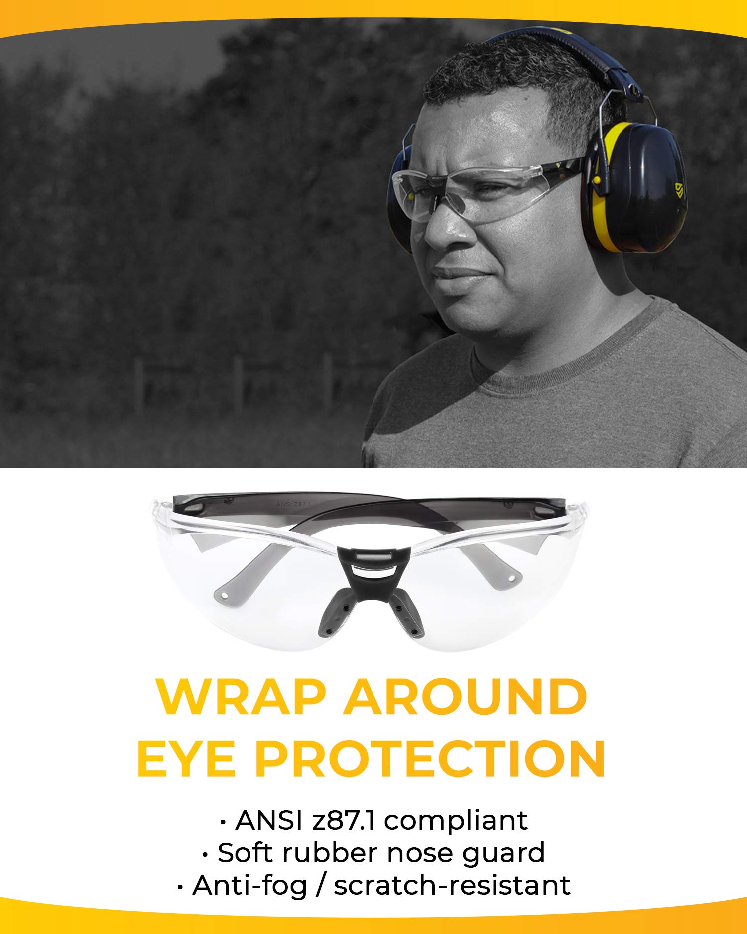 TradeSmart Safety Glasses with Hearing Protection Ear Muffs & Pouch - ANSI Certified for Woodworking, Chainsaw Use, Construction Work - Perfect for DIY Projects and Industrial Safety Gear