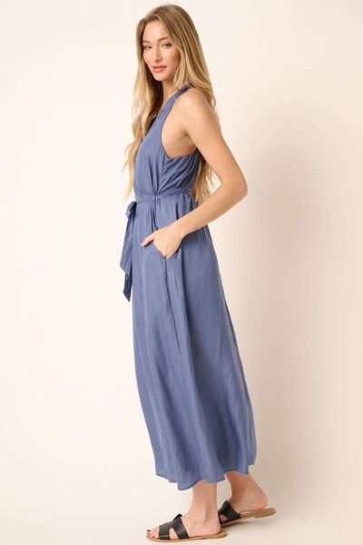 Elegant Dusty Blue Cross Back Belted V-Neck Maxi Dress for Women | Summer Beach Wedding Party & Vacation Outfit