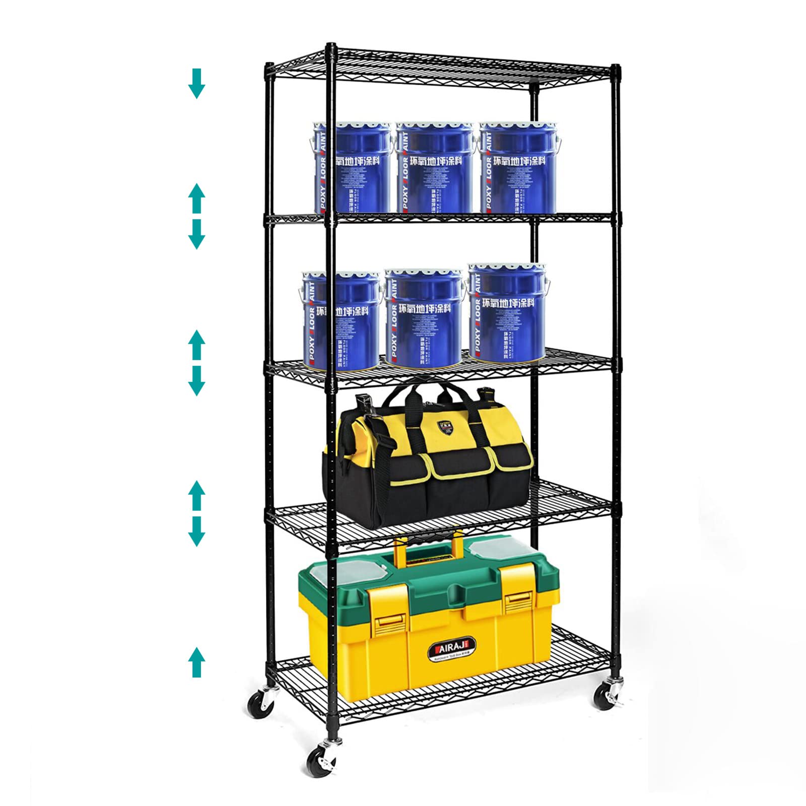 5-Tier Heavy Duty Adjustable Wire Shelving Unit with Locking Wheels - NSF Certified Metal Storage Rack for Kitchen, Pantry, Laundry, Garage & Office Organization - 17.7