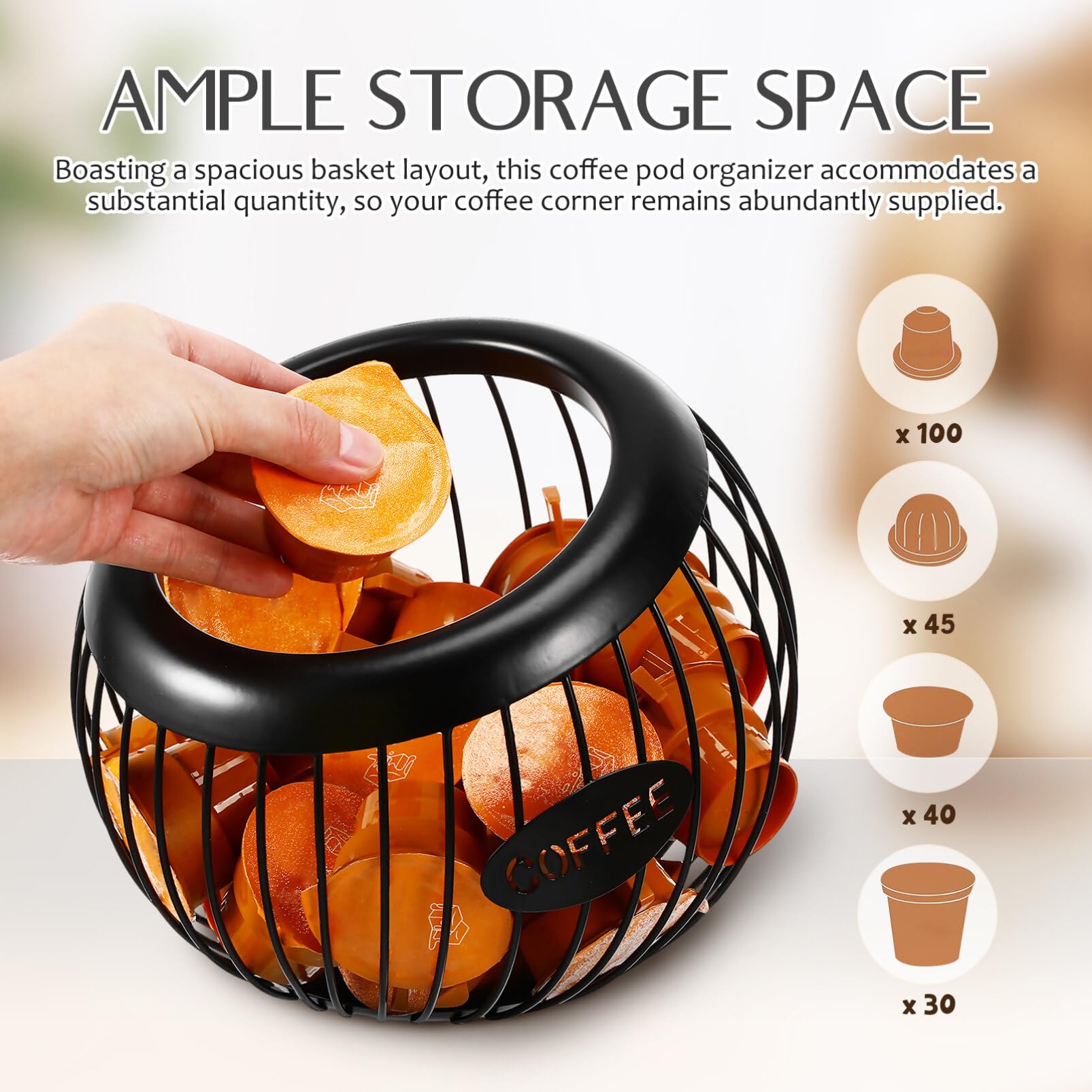 Gadpiparty Large Capacity Metal Coffee Pod Holder - Espresso Pod Organizer & Tea Bag Storage Basket for Coffee Station (Black) | Perfect for Home, Office & Kitchen Countertop Organization