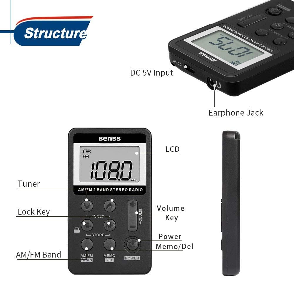 Portable AM/FM Digital Radio with DSP Tuning, LCD Screen, USB Rechargeable & Headphone Jack - Mini Pocket Stereo Receiver for Walking, Jogging, Camping, Travel & Outdoor Activities (Black)