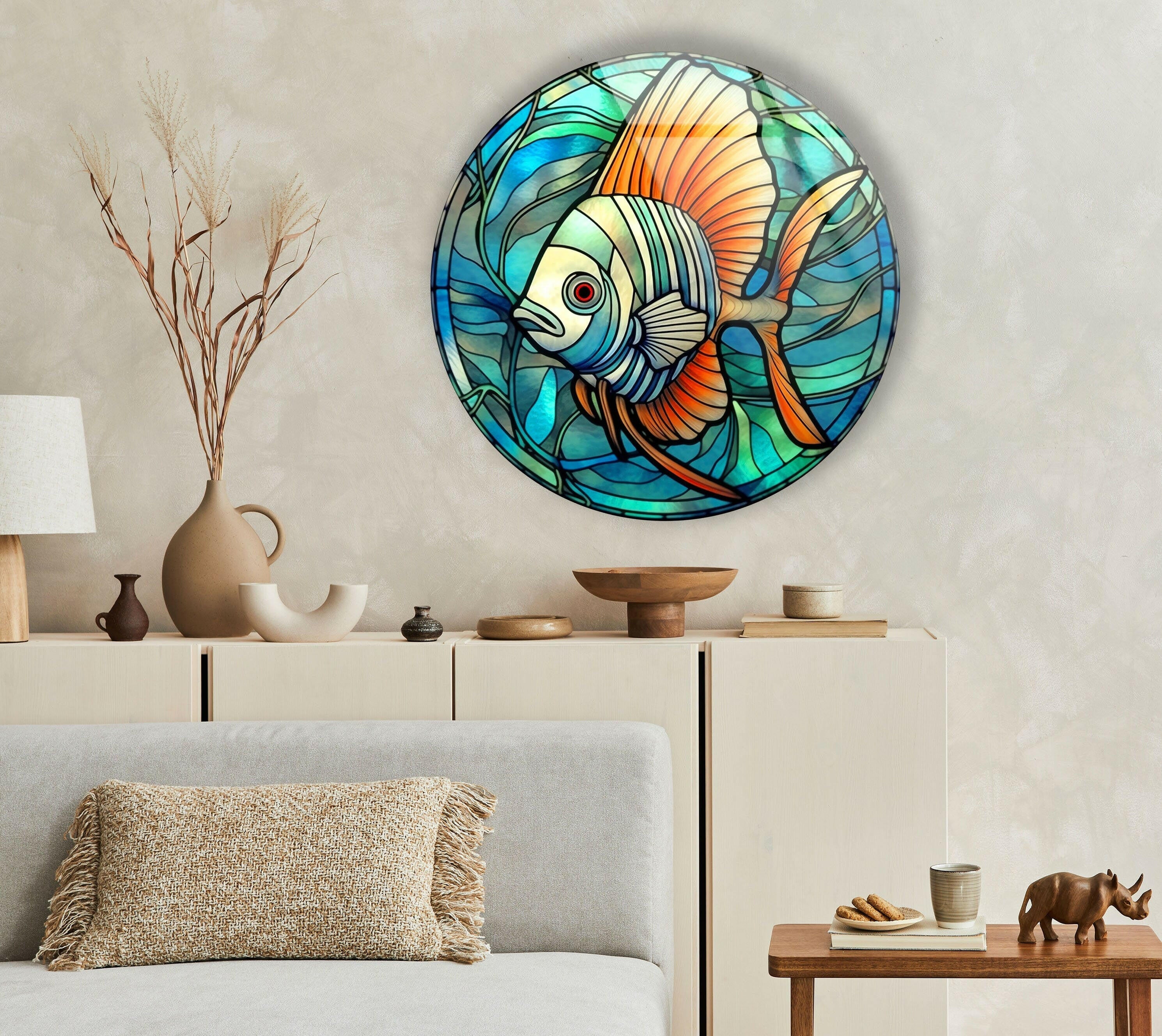 Blue Fish Round Glass Wall Art - Handmade Ocean Themed Decor for Living Room, Bedroom & Office - Perfect Coastal Home Decor Gift