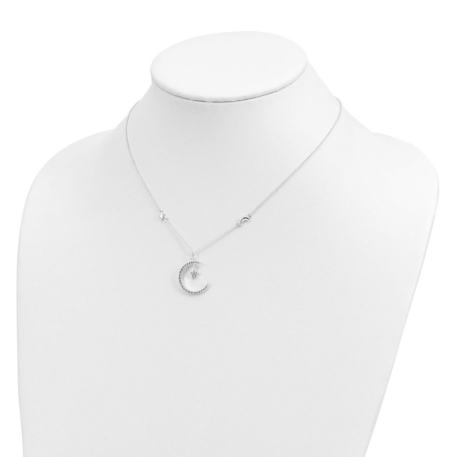 CZ Crescent Moon and Stars Pendant Necklace - 925 Sterling Silver 16