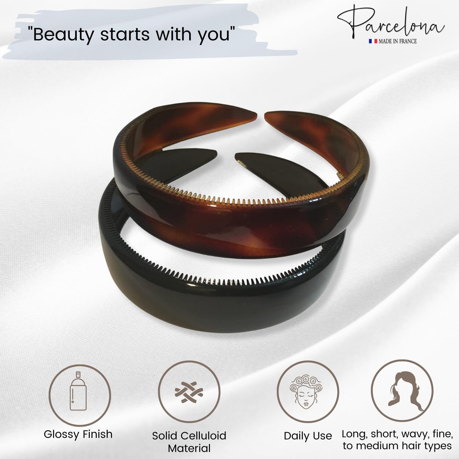 Parcelona French Hair Headbands (Set of 2) - 1 Inch Wide Tortoise Shell Brown & Black Headbands with Non-Slip Inner Teeth for Women & Girls | Perfect for Workouts, Yoga, Running and Everyday Styling