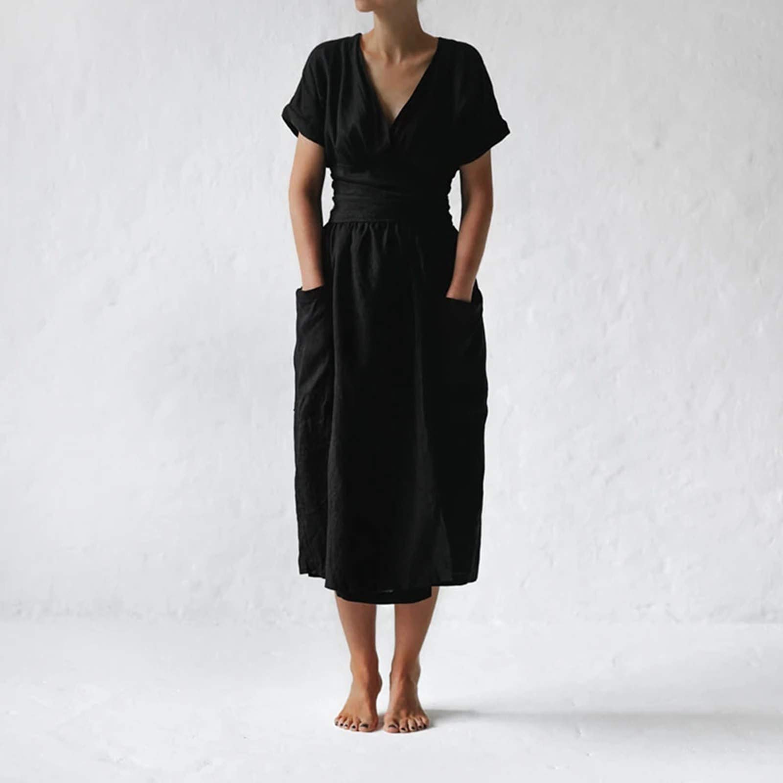 FDGF Women's Casual Solid Color V-Neck Cotton Linen Lace-Up Pocket Dress - Summer Beachwear & Boho Chic Outfit for Daily Wear