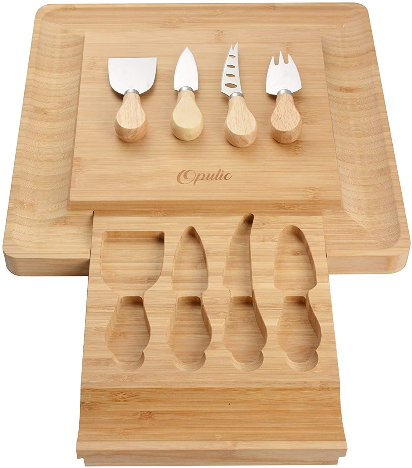 Premium Bamboo Cheese Board Set with 4 Stainless Steel Knives - Elegant Square Charcuterie Serving Tray with Pull-Out Drawer - Perfect for Cheese Platters, Charcuterie Boards, Picnics, Dinner Parties & Holiday Gifts - Pack of 4