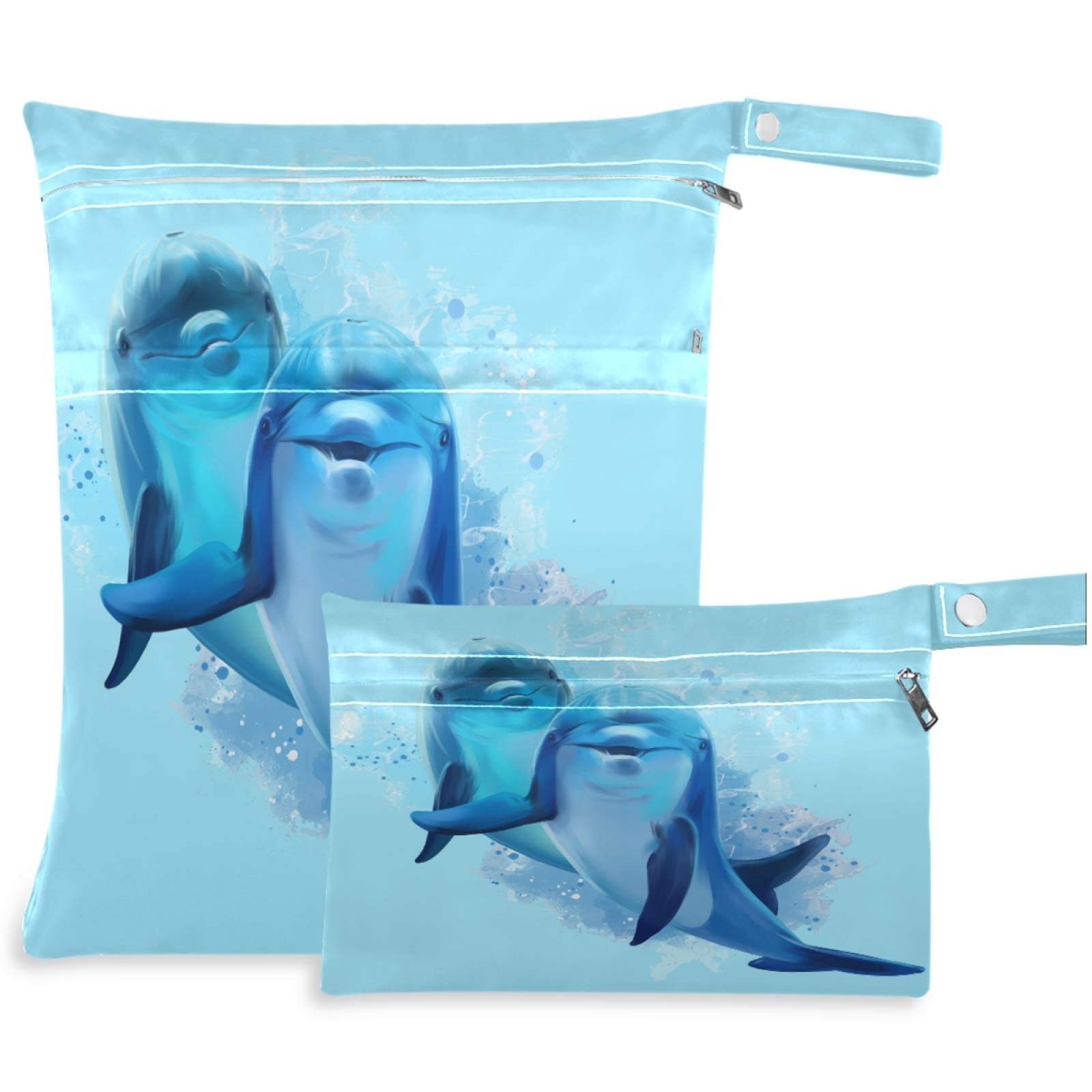 Visesunny 2-Pack Waterproof Wet Bags with Zippered Pockets - Blue Dolphin Print Reusable Washable Storage Bags for Swimsuits, Gym Clothes, Diapers & Toiletries | Perfect for Travel, Beach, Pool, Daycare & Stroller Organization