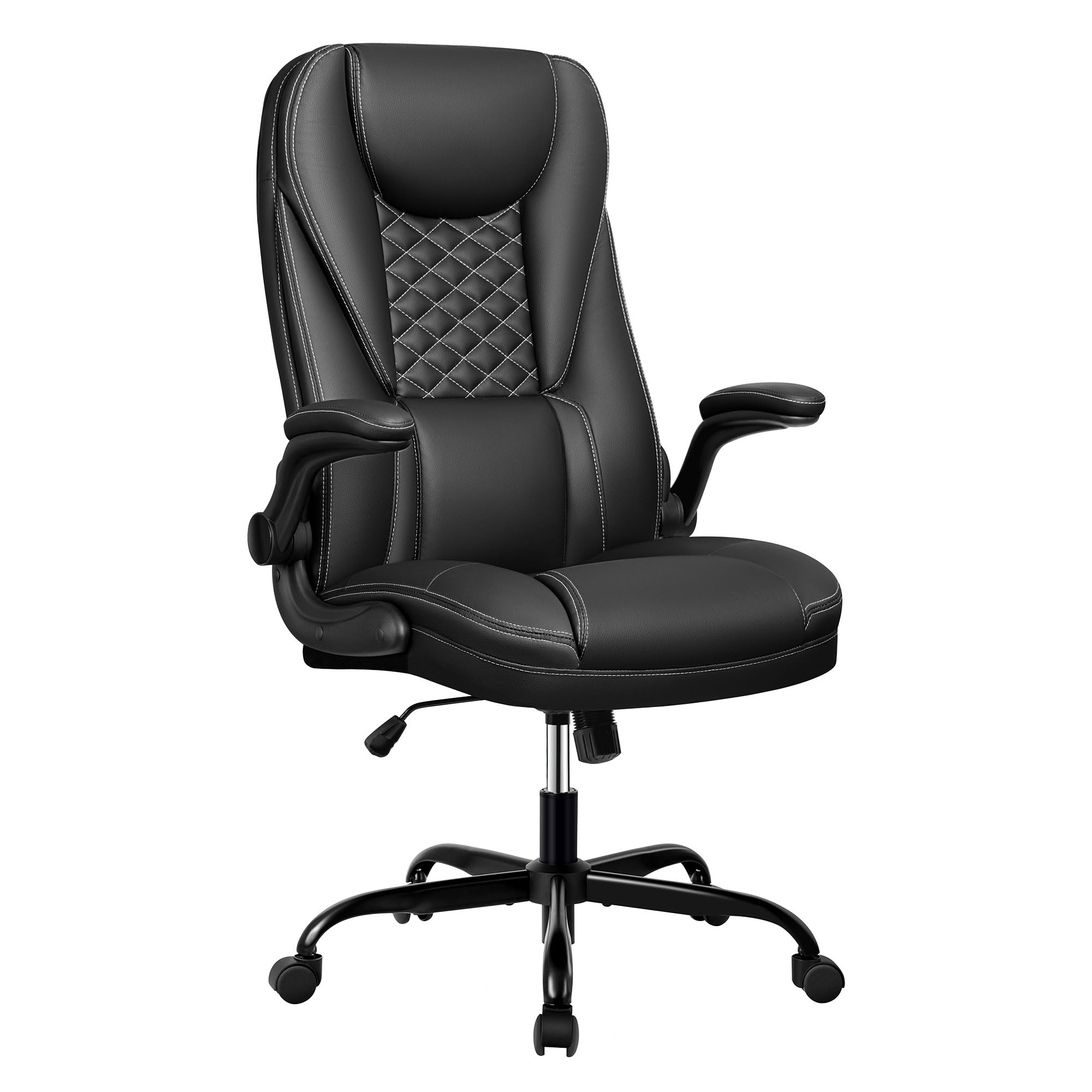 Ergonomic Big and Tall Executive Office Chair - High Back Leather Desk Chair with Lumbar Support & Adjustable Flip-Up Arms - Perfect for Home Office, Gaming, and Computer Work (Black)