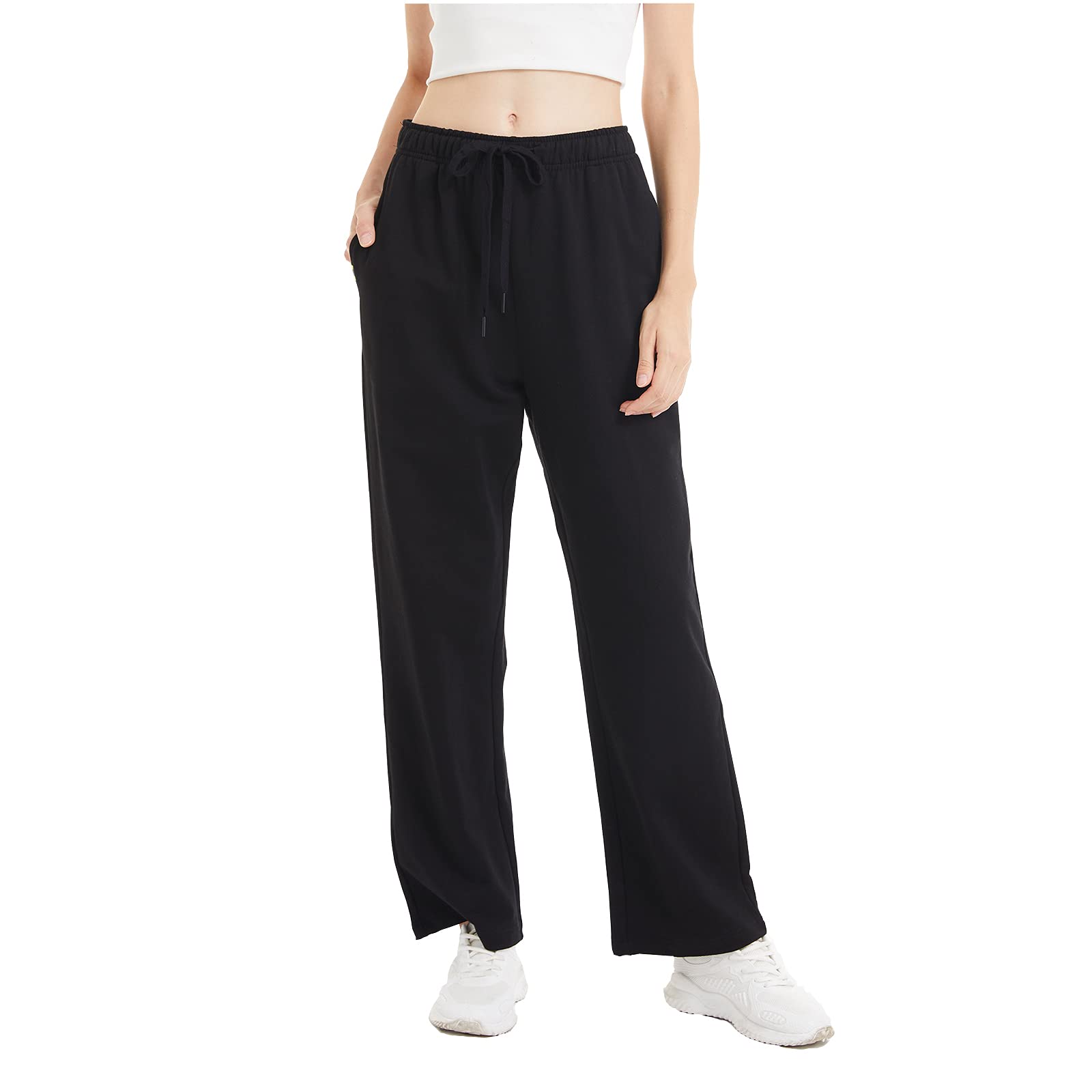 DASHIYOU BAEHKCW Women's High-Waisted Yoga Pants - Wide Leg Athletic Pants with Striped Waistband & Pockets - Comfortable Workout Pants for Yoga, Running, Gym & Lounge Wear