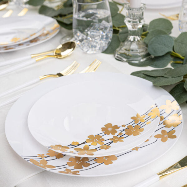 Elegant Black and Gold Round Plastic Plates - 10 Inch Disposable Party Dinnerware for Weddings, Birthdays, and Special Events - Durable and Stylish for Indoor/Outdoor Use