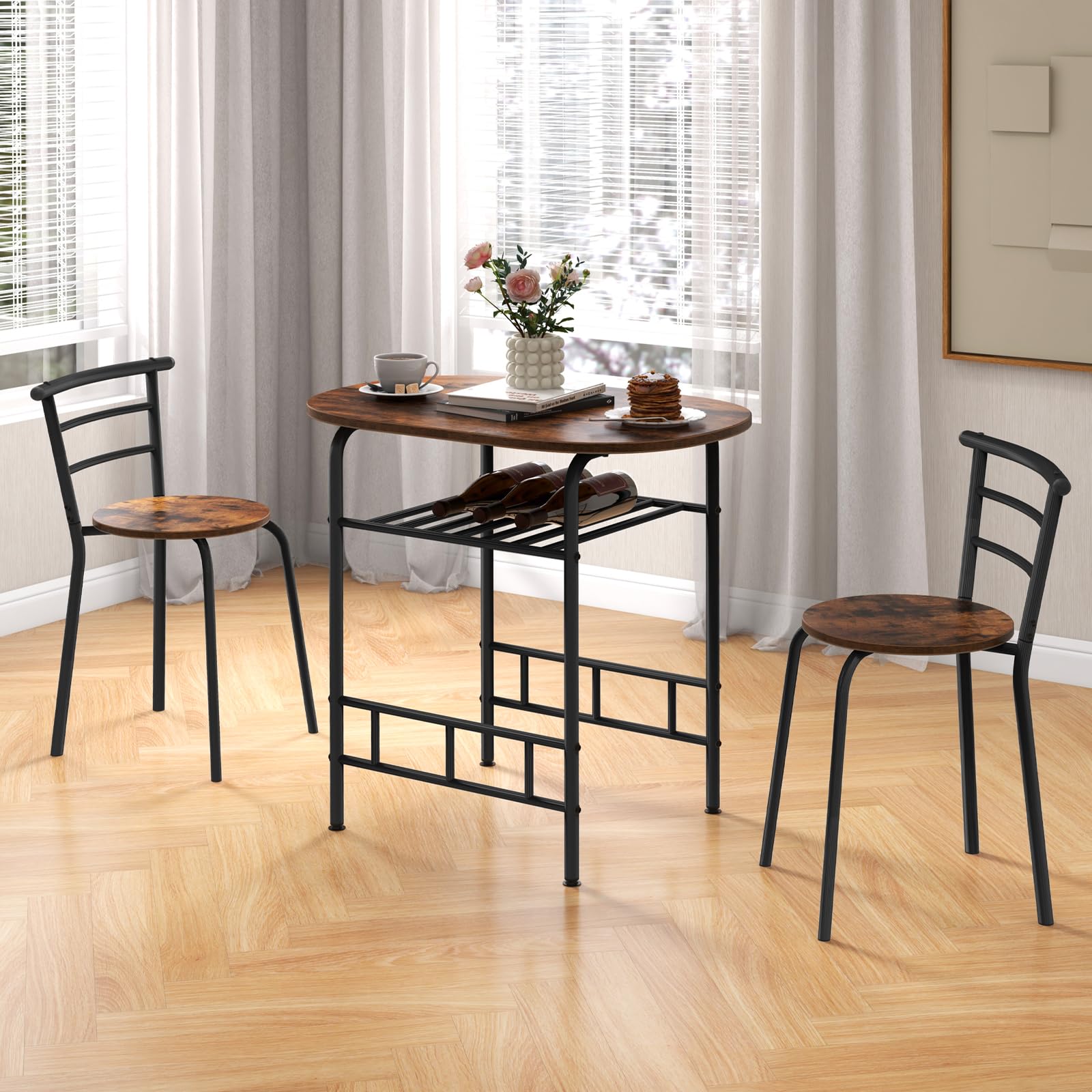 Giantex 3-Piece Space Saving Dining Set - Compact Bistro Table with 2 Chairs, Metal Frame & Storage Shelf - Perfect for Small Apartments, Kitchen, Breakfast Nook & Pub Style Decor (Black & Brown) - Ideal for Studio Living, Balcony Dining & Urban Homes