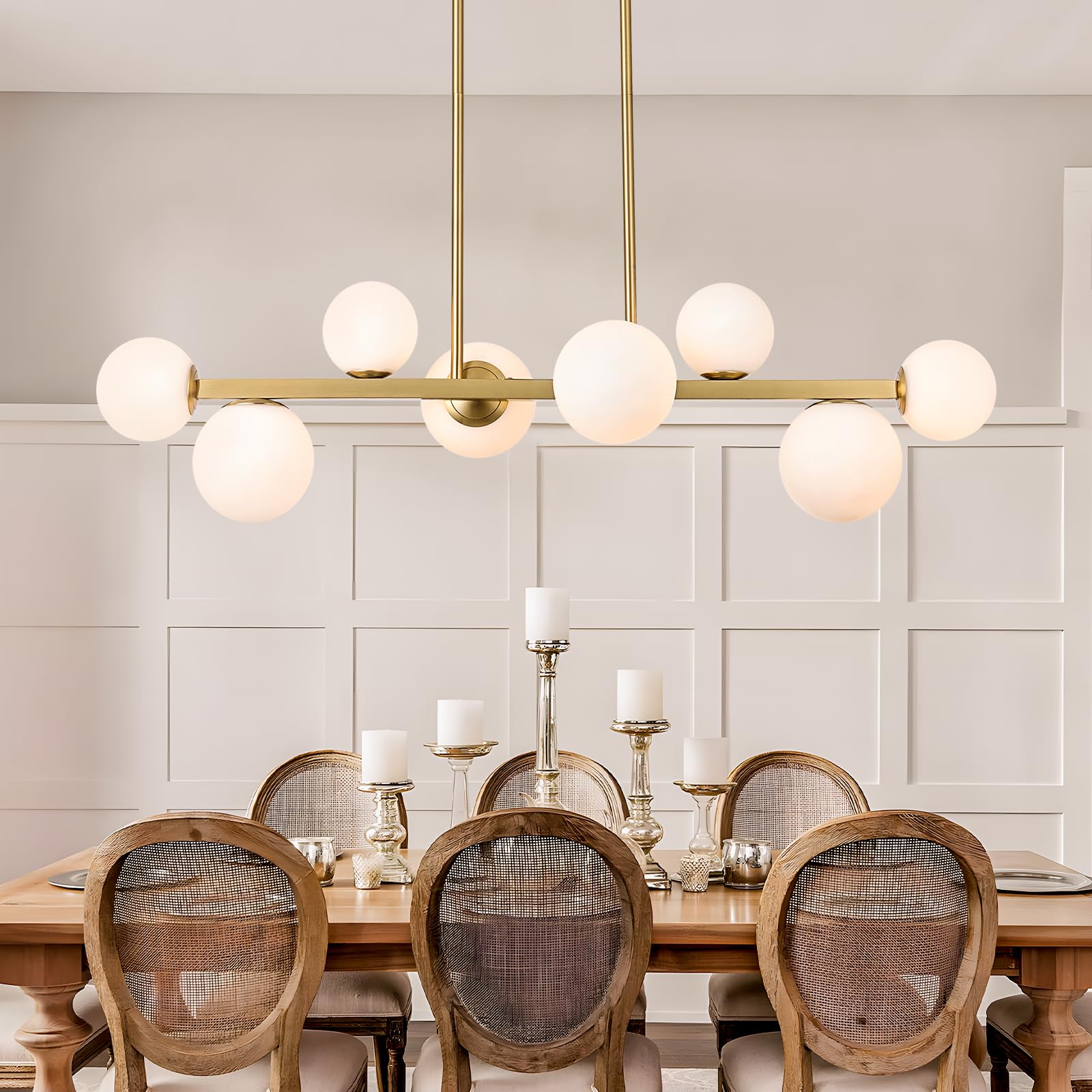 Jonsi Mid Century Modern 8-Light Linear Chandelier - Adjustable Gold Glass Globe Pendant Light for Dining Room, Kitchen Island & Living Room | Perfect for Contemporary Home Decor & Open Concept Spaces