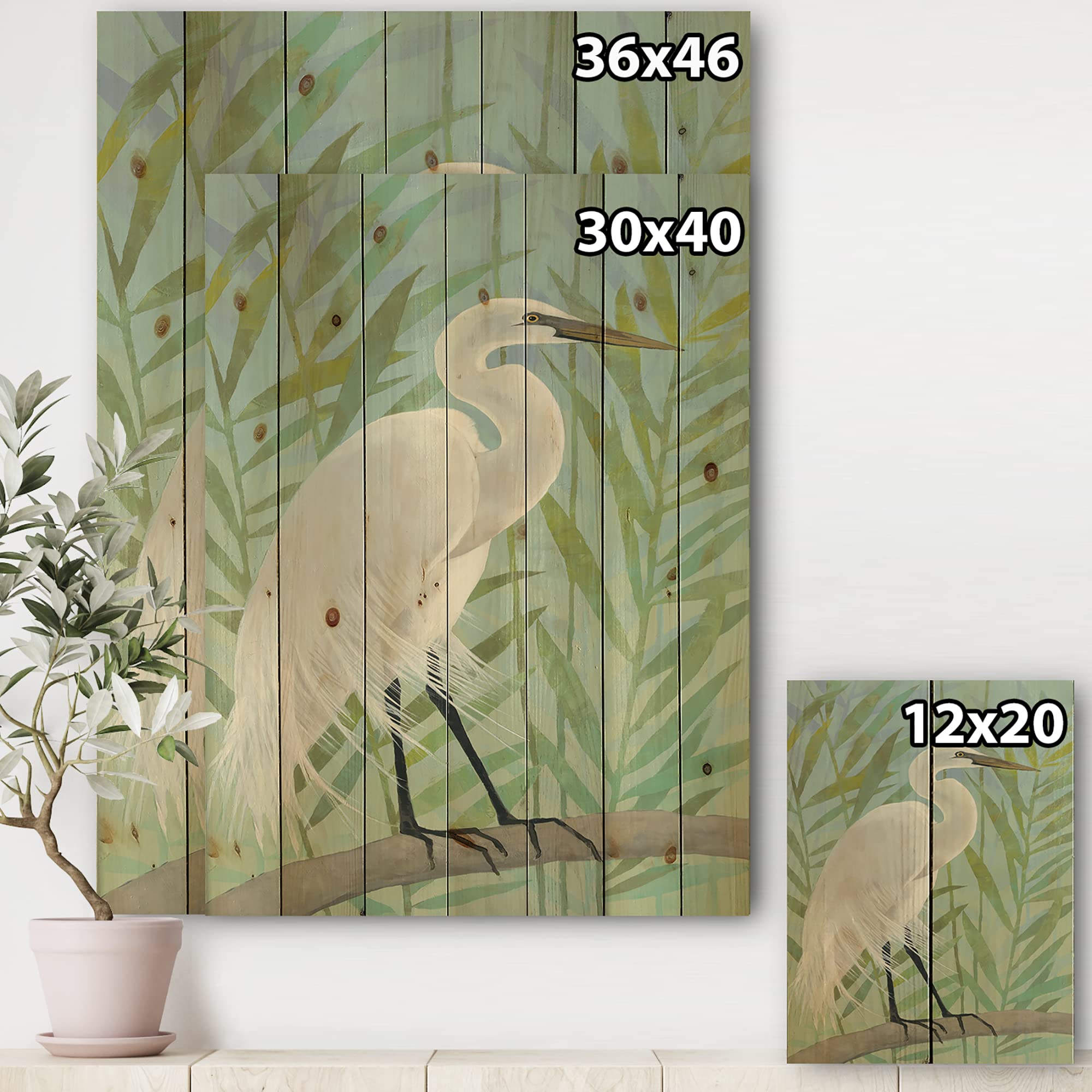 DesignQ Heron By The Shore - Farmhouse Style Wood Wall Art Decor, White Large Animal Wall Panel Printed on Natural Pine Wood - Perfect for Living Room, Bedroom, or Office Decoration