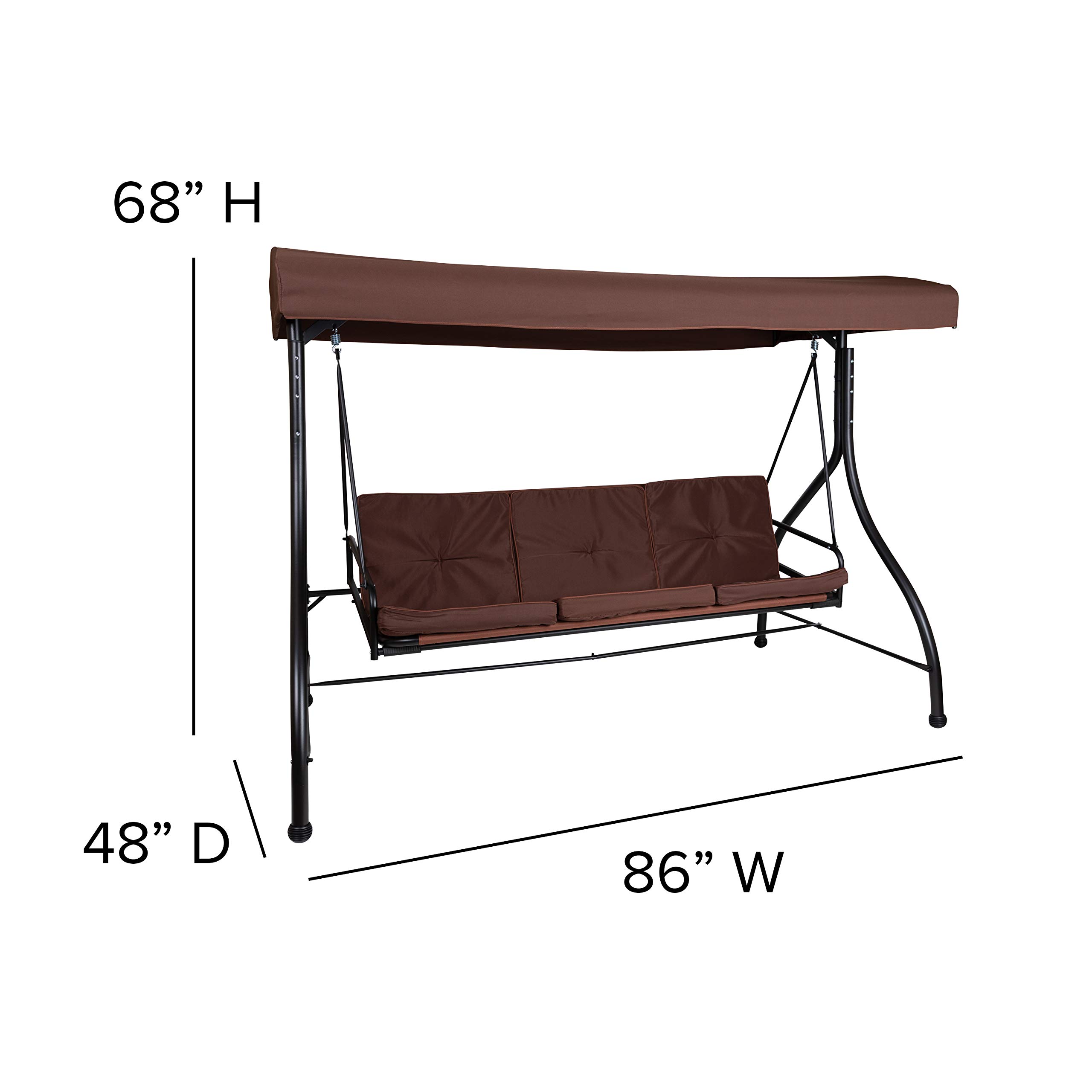 Emma & Oliver 3-Seat Outdoor Steel Convertible Patio Swing Bed with Canopy - Brown Hammock for Garden, Backyard, Porch Relaxation
