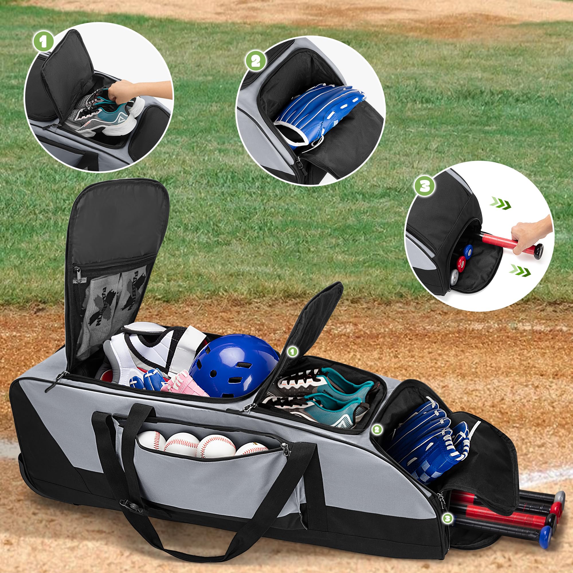 Best Rolling Baseball & Softball Bag with Wheels - Holds 4 Bats, Duffle Style with Separate Shoe Compartment & Multiple Pockets for Equipment Storage - Perfect for Travel & Practice - Gray