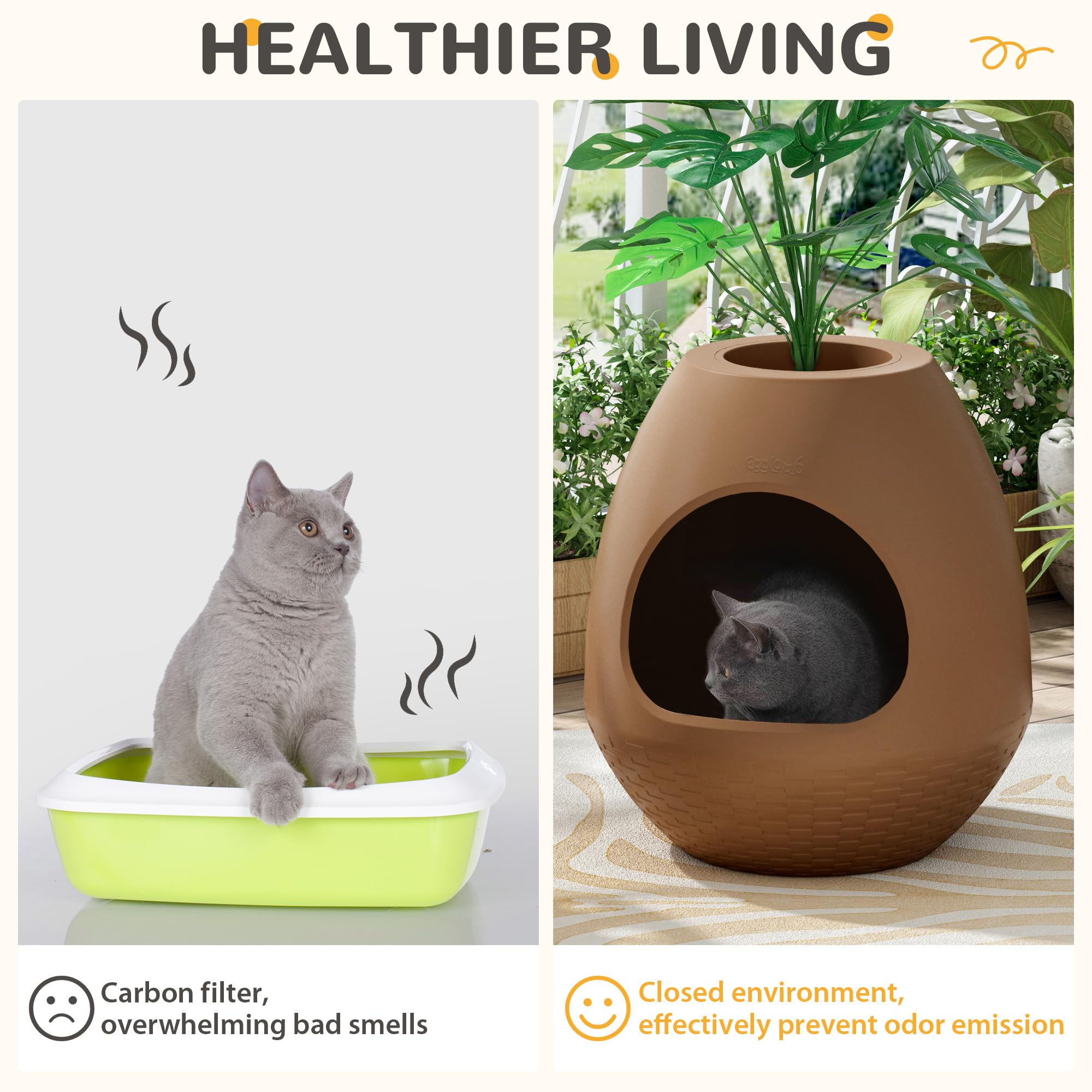 Eggloa6 Hidden Cat Litter Box with Artificial Plants - DIY Discreet Litter Box Furniture for Home Decor (Coffee Brown) - Perfect for Small Spaces & Pet-Friendly Living Rooms