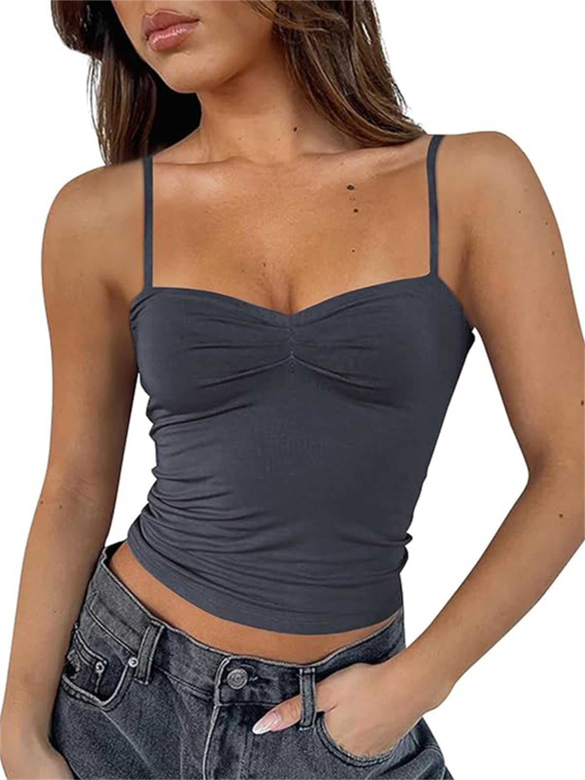 ForeFair Women's Y2K Sweetheart Neck Sleeveless Crop Tank Top - Backless Spaghetti Strap Pleated Bustier Camisole for Clubbing, Parties & Summer Outfits