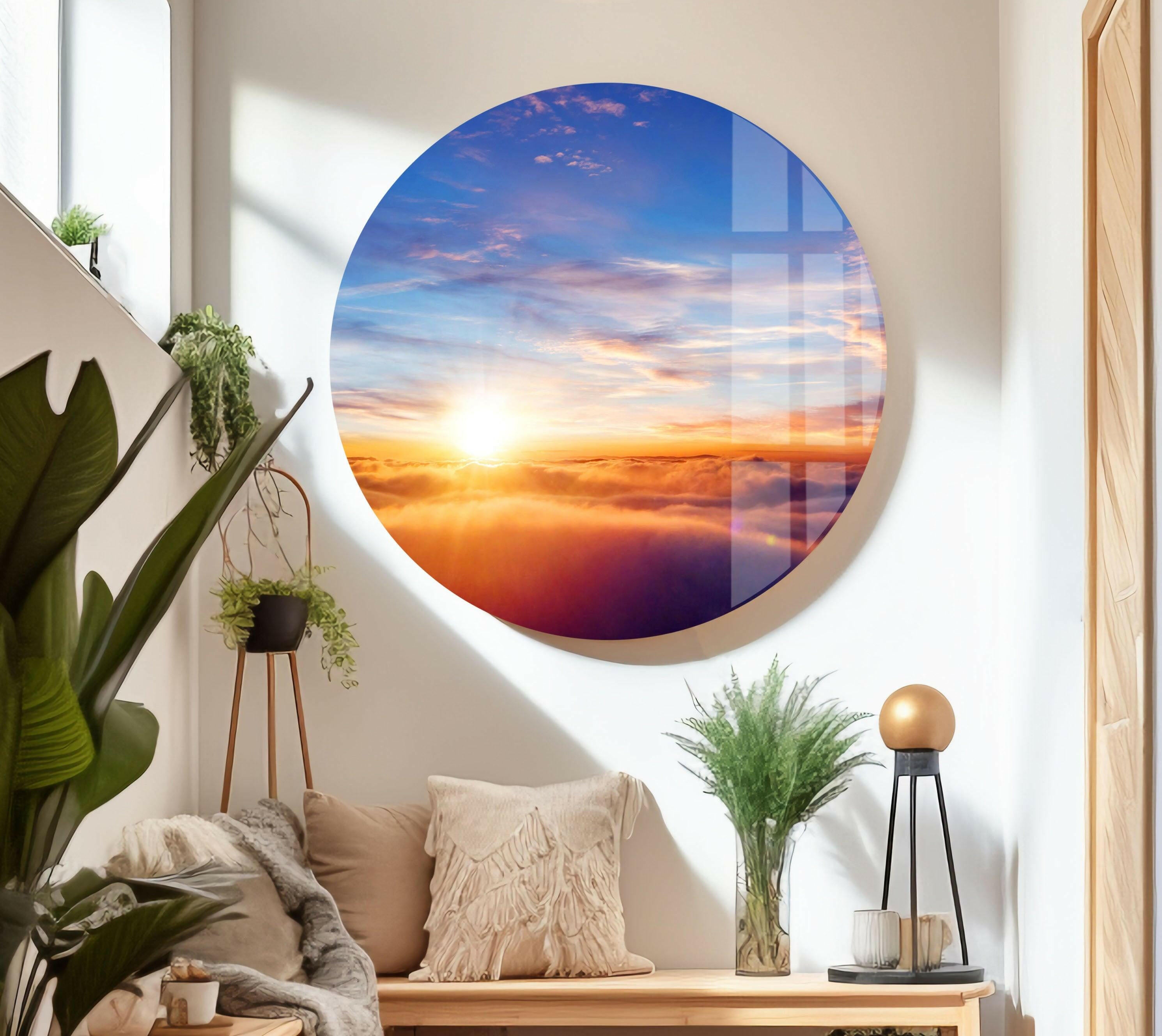 Stunning Sunrise on Glass Wall Art - Above the Clouds Panoramic Landscape Decor for Living Room, Bedroom & Office