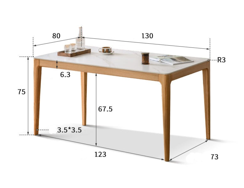 Solid Oak & Ash Wood Dining Table with Natural Rock Slab Surface - Rustic Farmhouse Style for Dining Room & Kitchen Decor
