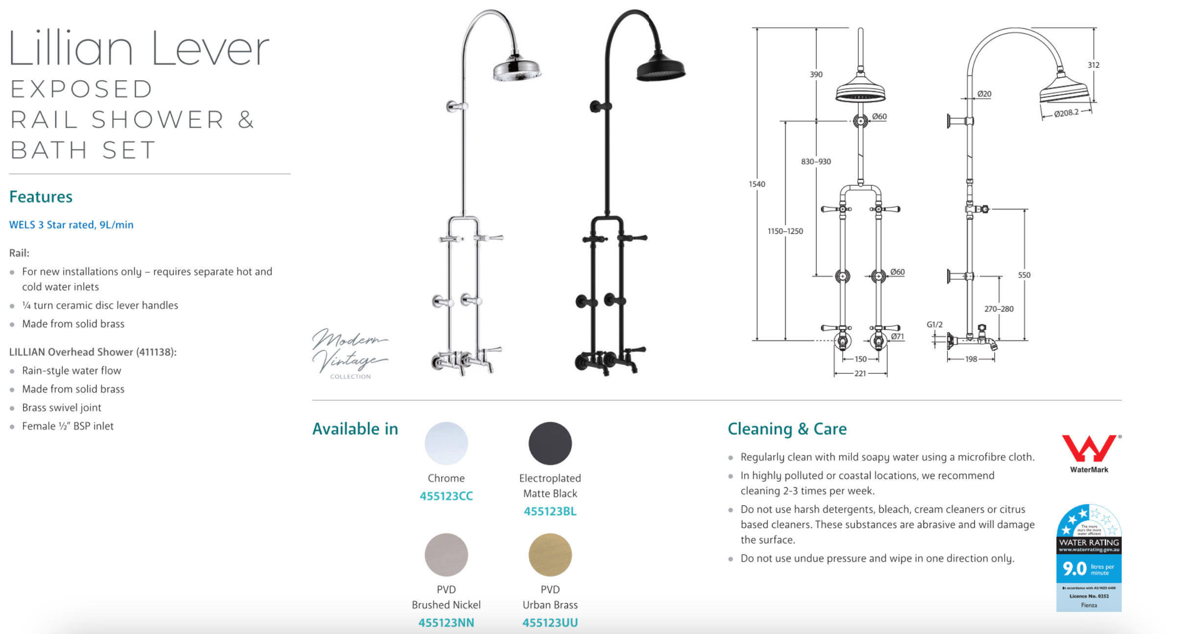 Fienza 455123BL Lillian Matte Black Exposed Rail Shower & Bath Faucet Set - Modern Bathroom Fixture for Spa-Like Shower Experience