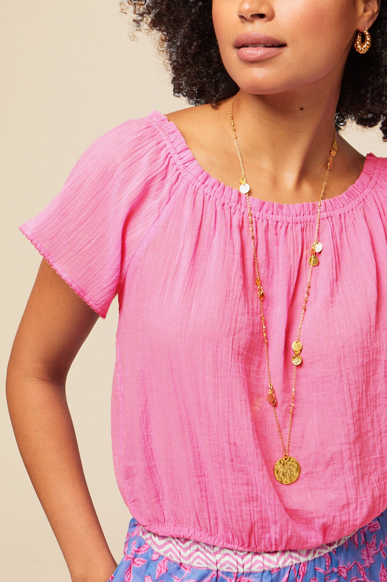 Ilana Frill Organic Cotton Gauze Top for Women | Soft Breathable Pink Blouse | Perfect for Summer Outfits, Beach Wear & Boho Fashion