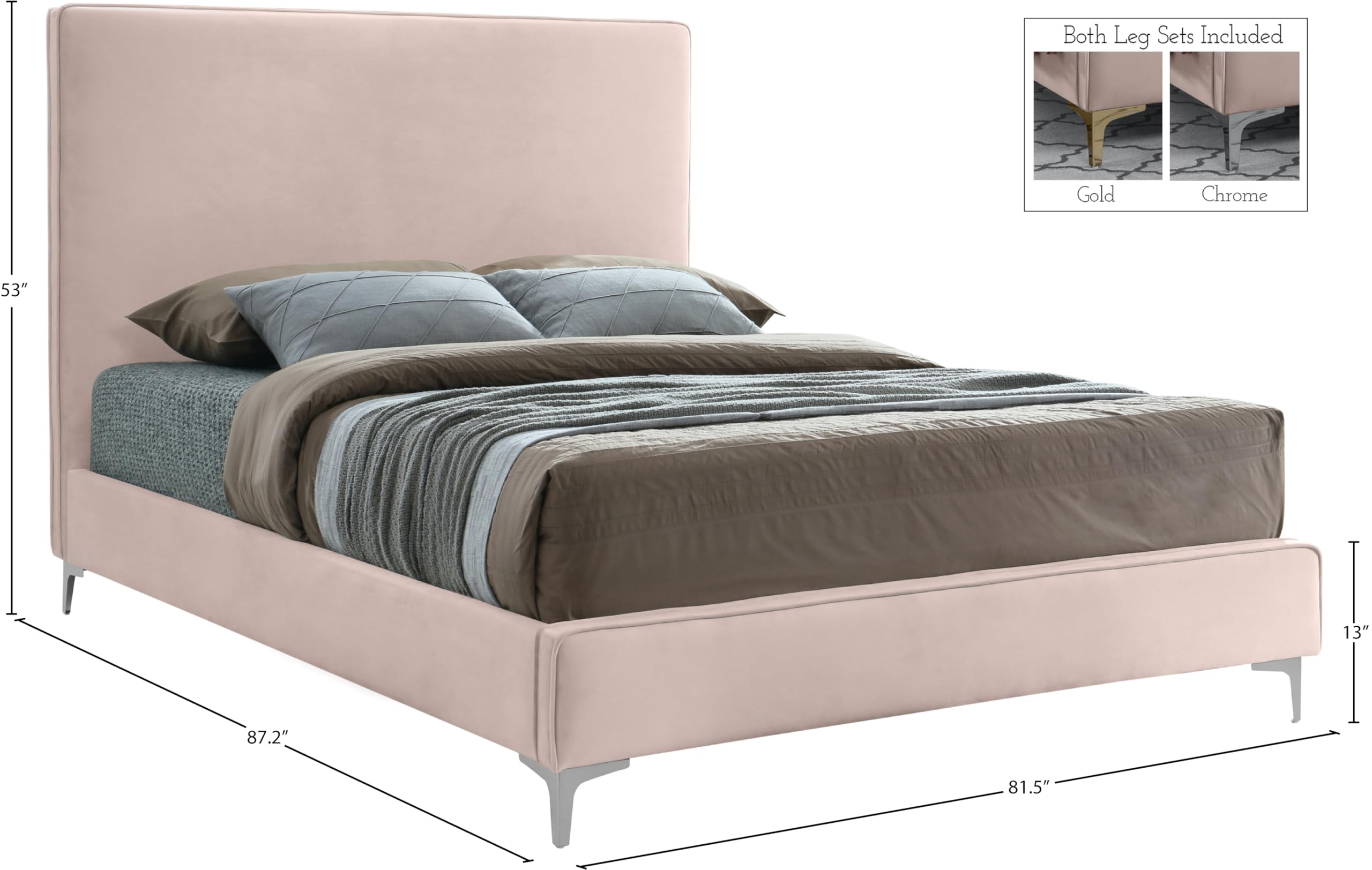 Modern Velvet Upholstered King Bed with Gold/Chrome Finish - Geri Collection by Meridian Furniture | Luxury Bedroom Decor for Contemporary Homes & Master Suites