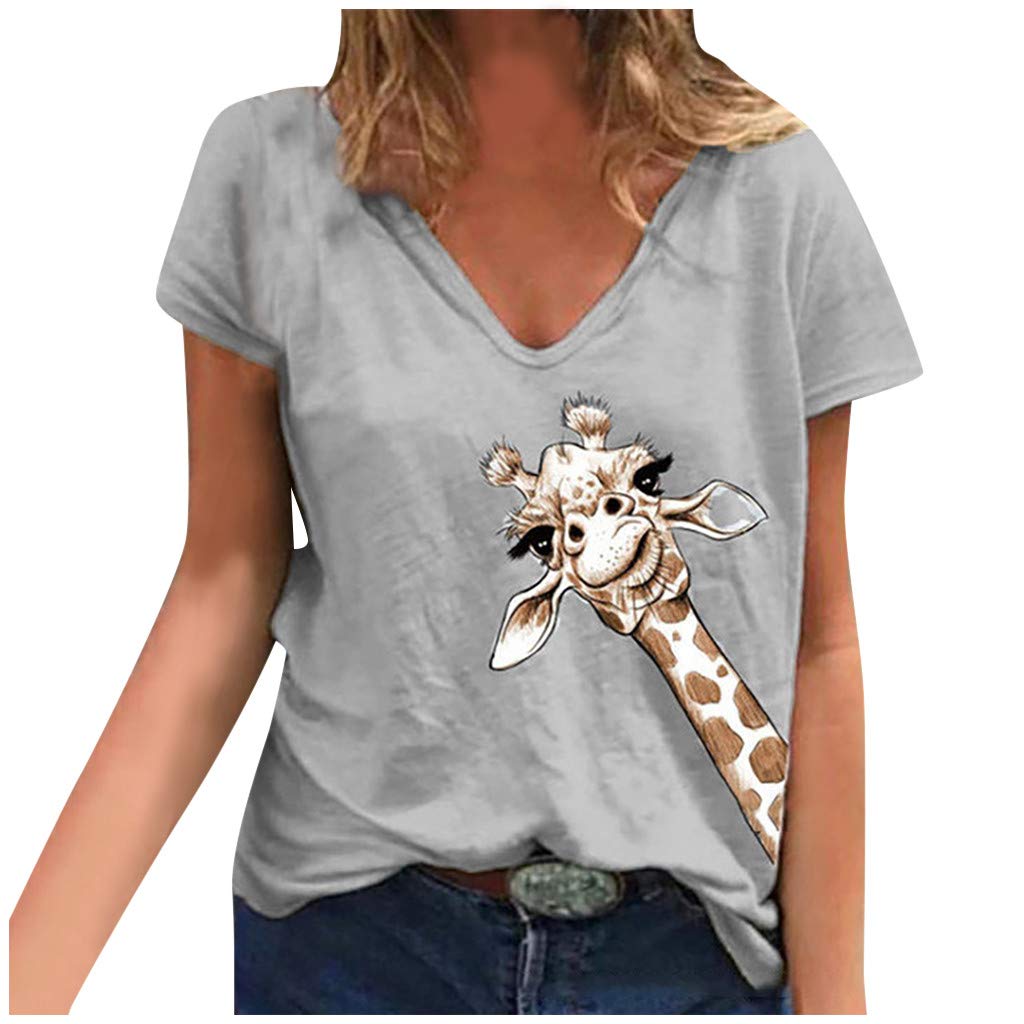 Lozeny Women's Giraffe Print V-Neck T-Shirt - Soft Casual Short Sleeve Blouse for Summer | Perfect for Beach Outings, Weekend Brunch & Casual Date Nights