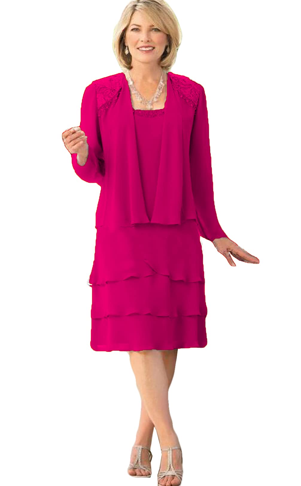 Elegant Chiffon Mother of the Bride Dress with Jacket - Knee-Length Layered Wedding Guest Gown for Women | Perfect for Weddings, Parties & Special Occasions